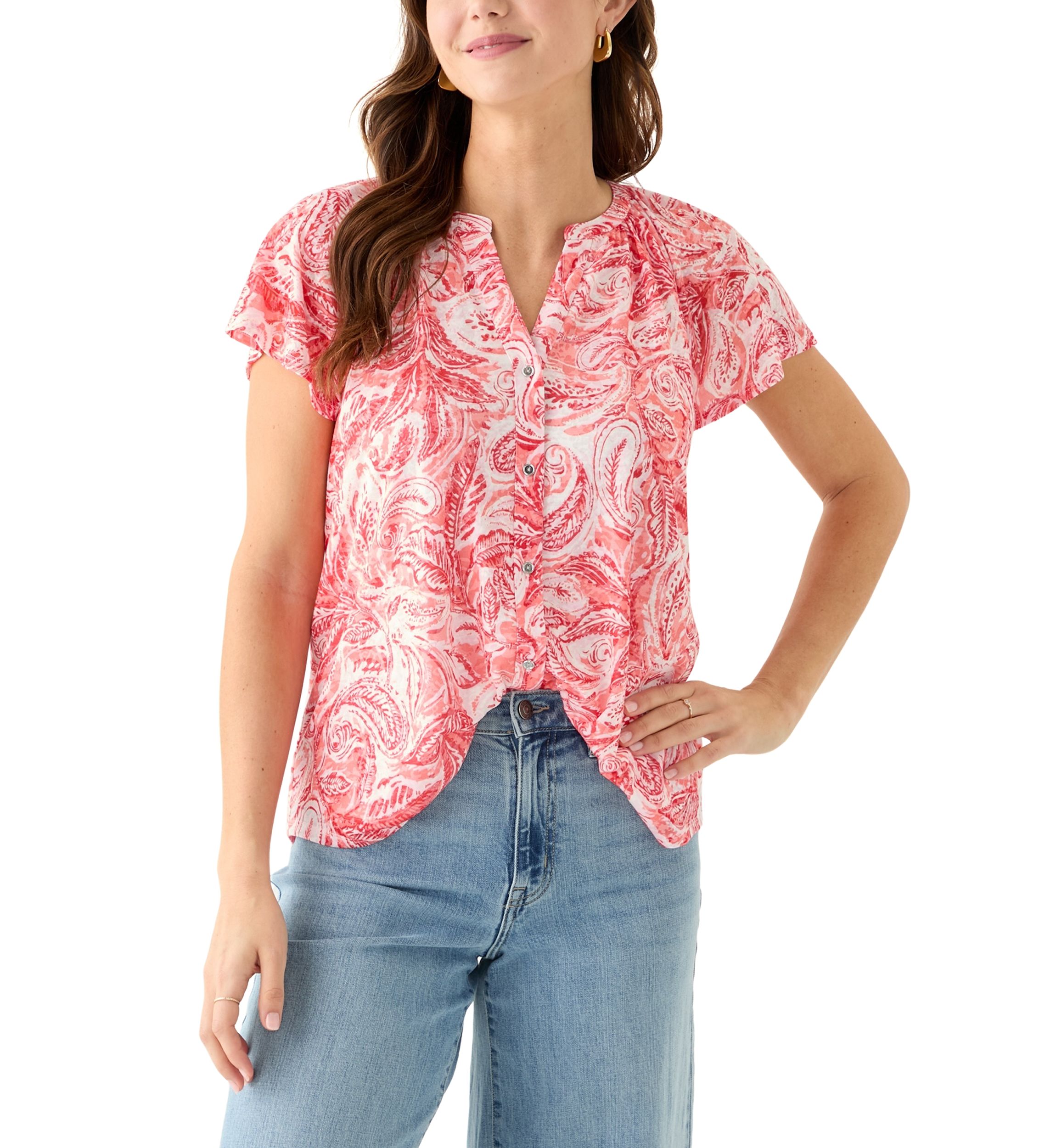 Womens Short Sleeve Button Front Top