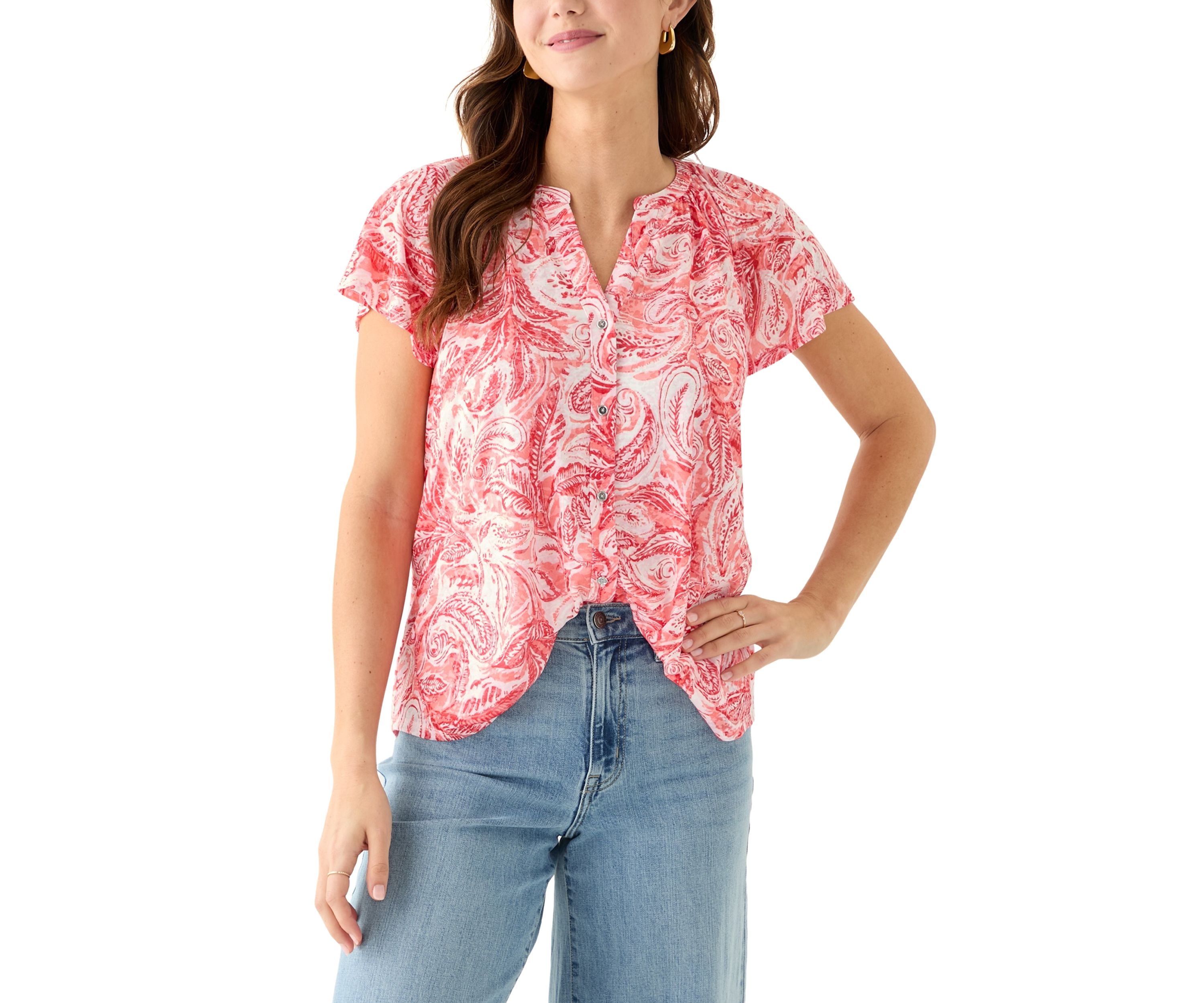 Womens Short Sleeve Button Front Top