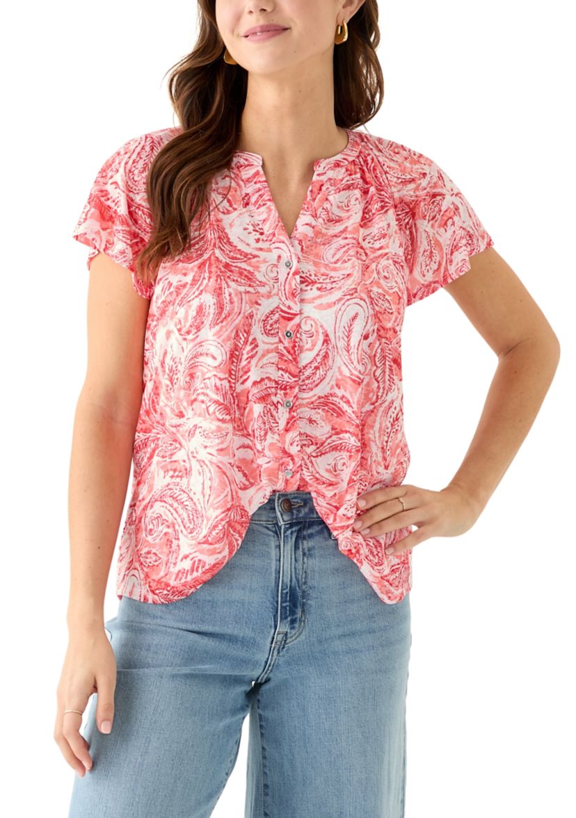 Womens Short Sleeve Button Front Top
