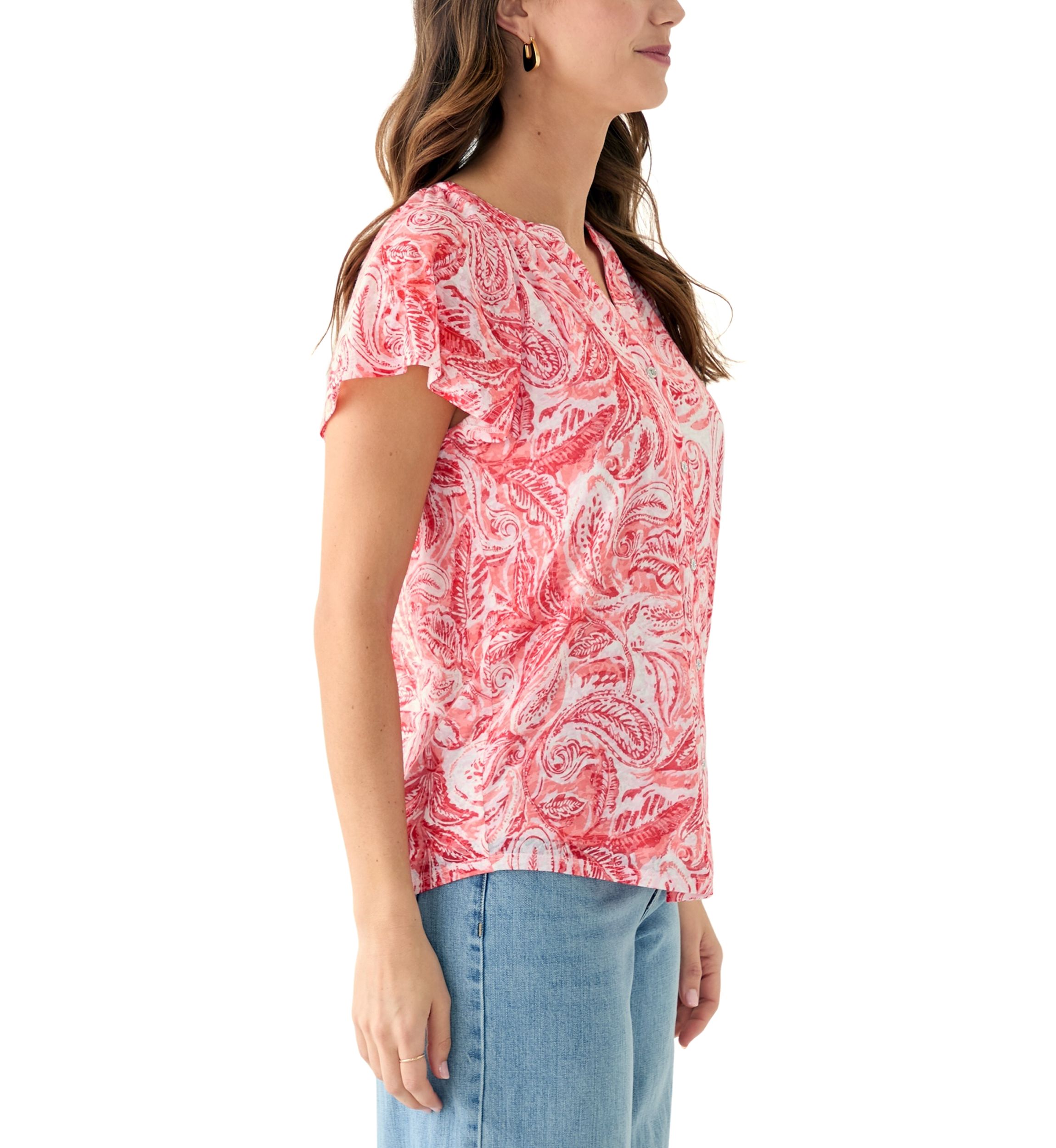 Womens Short Sleeve Button Front Top