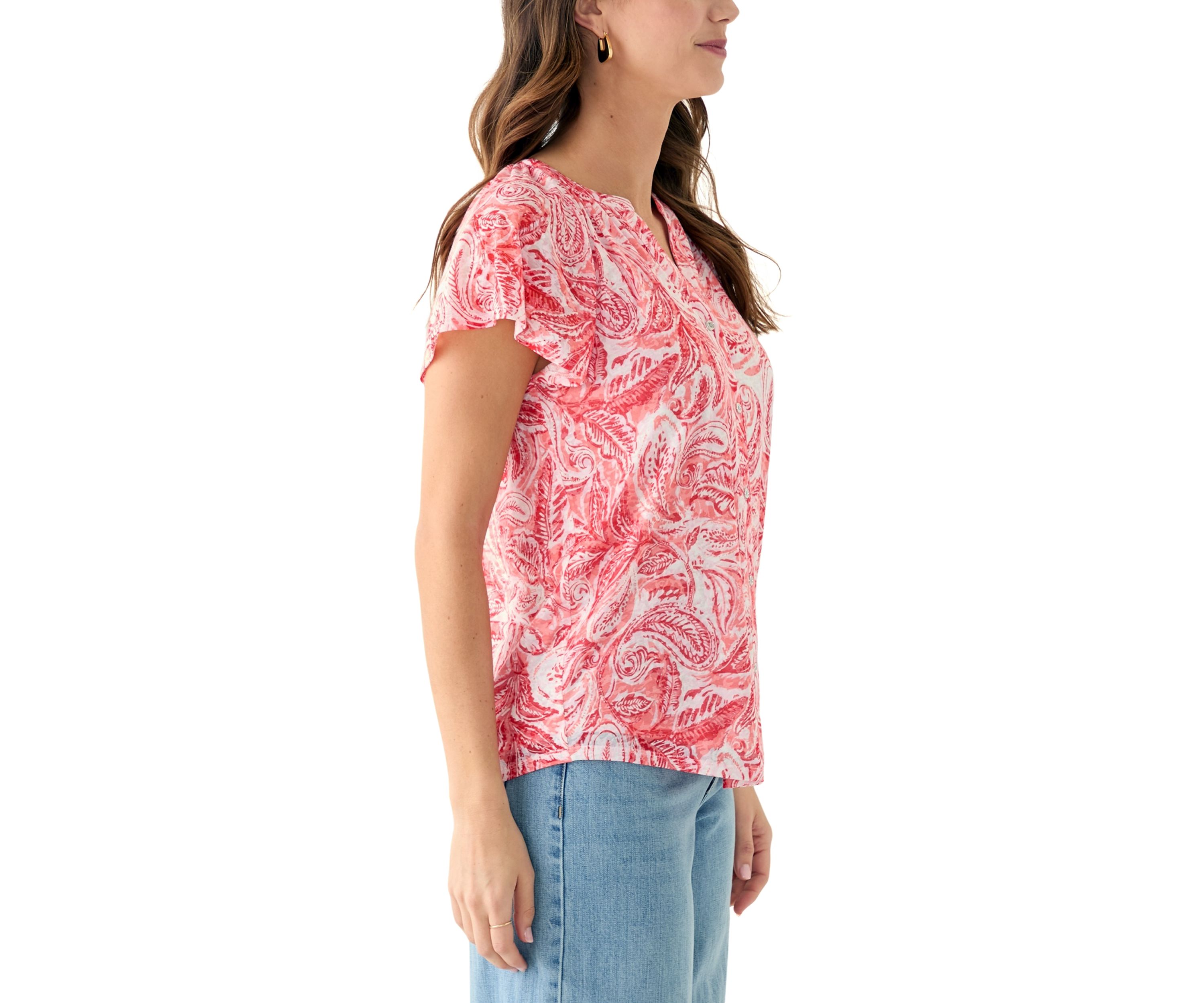 Womens Short Sleeve Button Front Top
