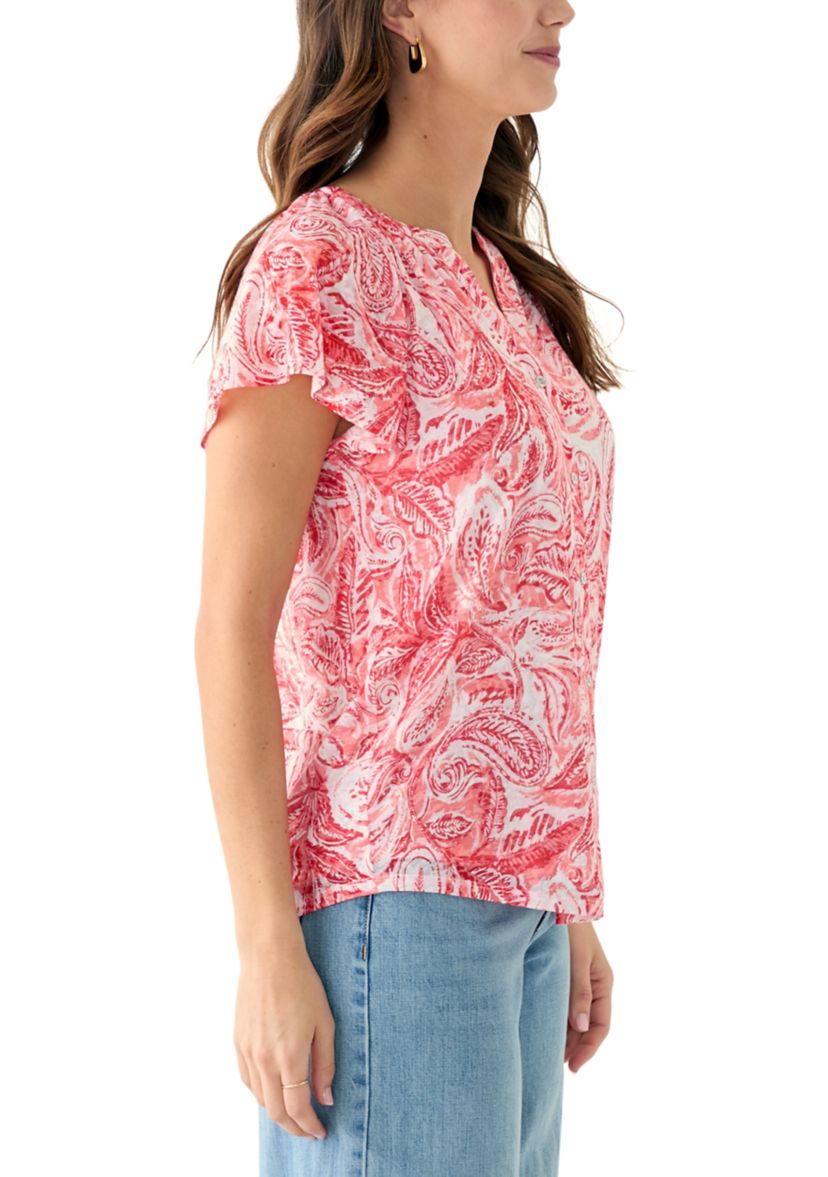 Womens Short Sleeve Button Front Top