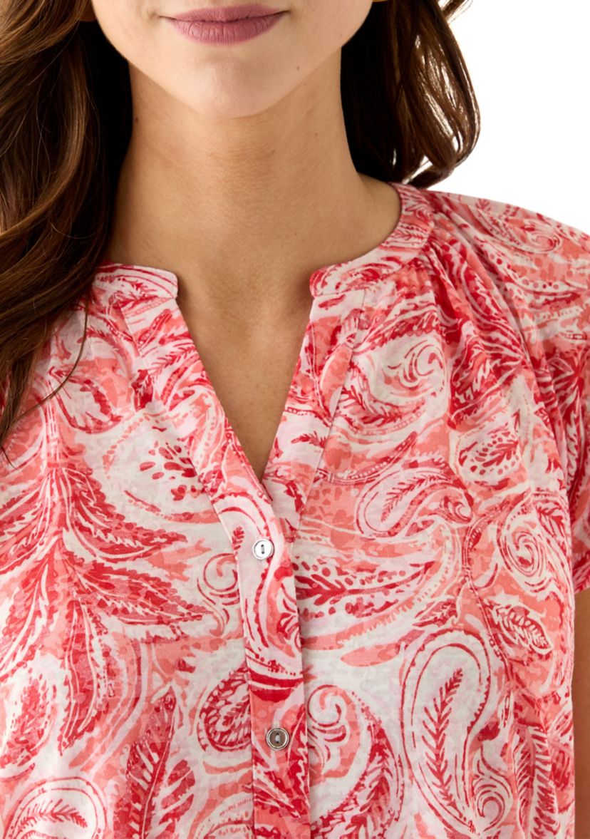 Womens Short Sleeve Button Front Top