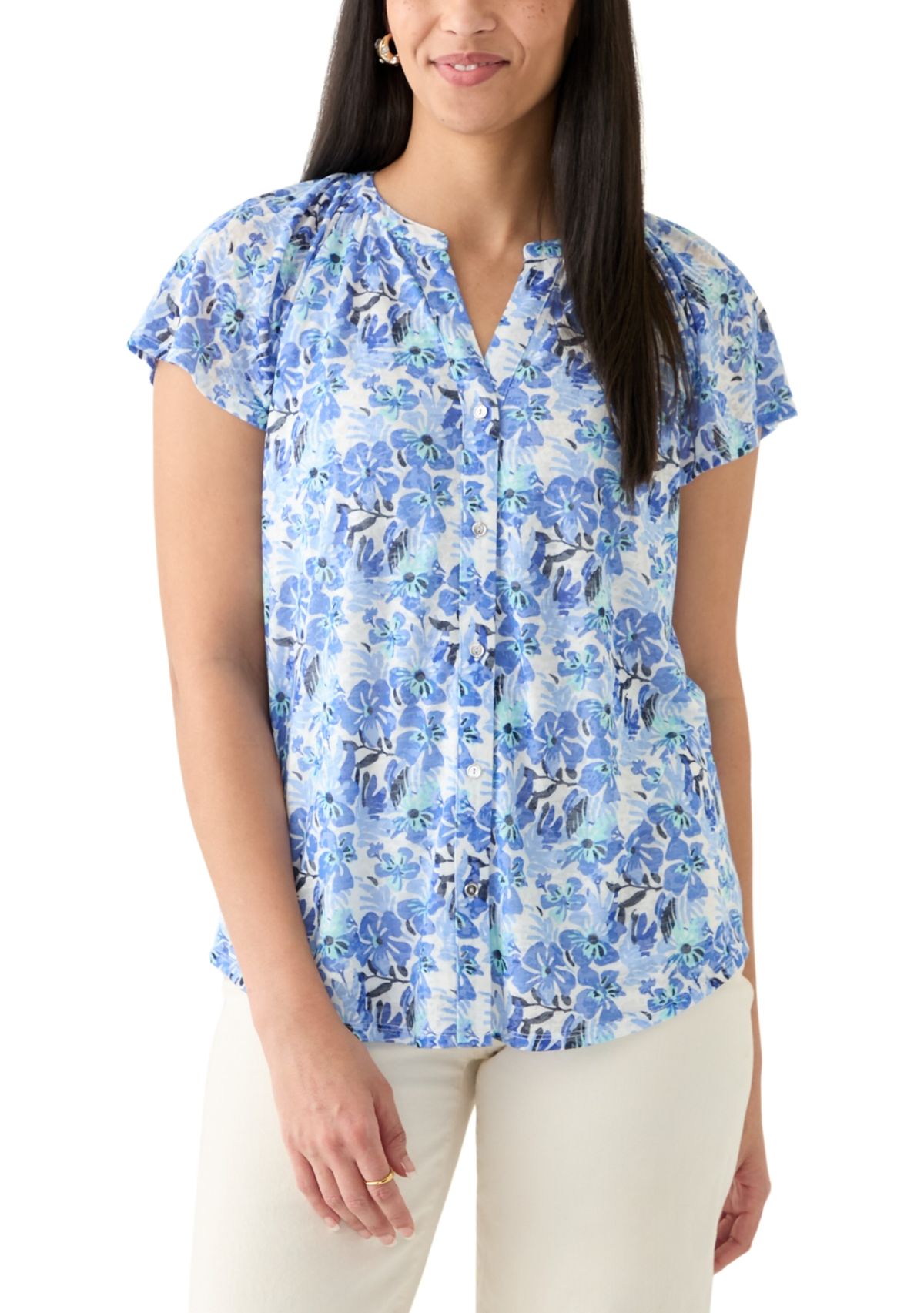 Womens Short Sleeve Button Front Top