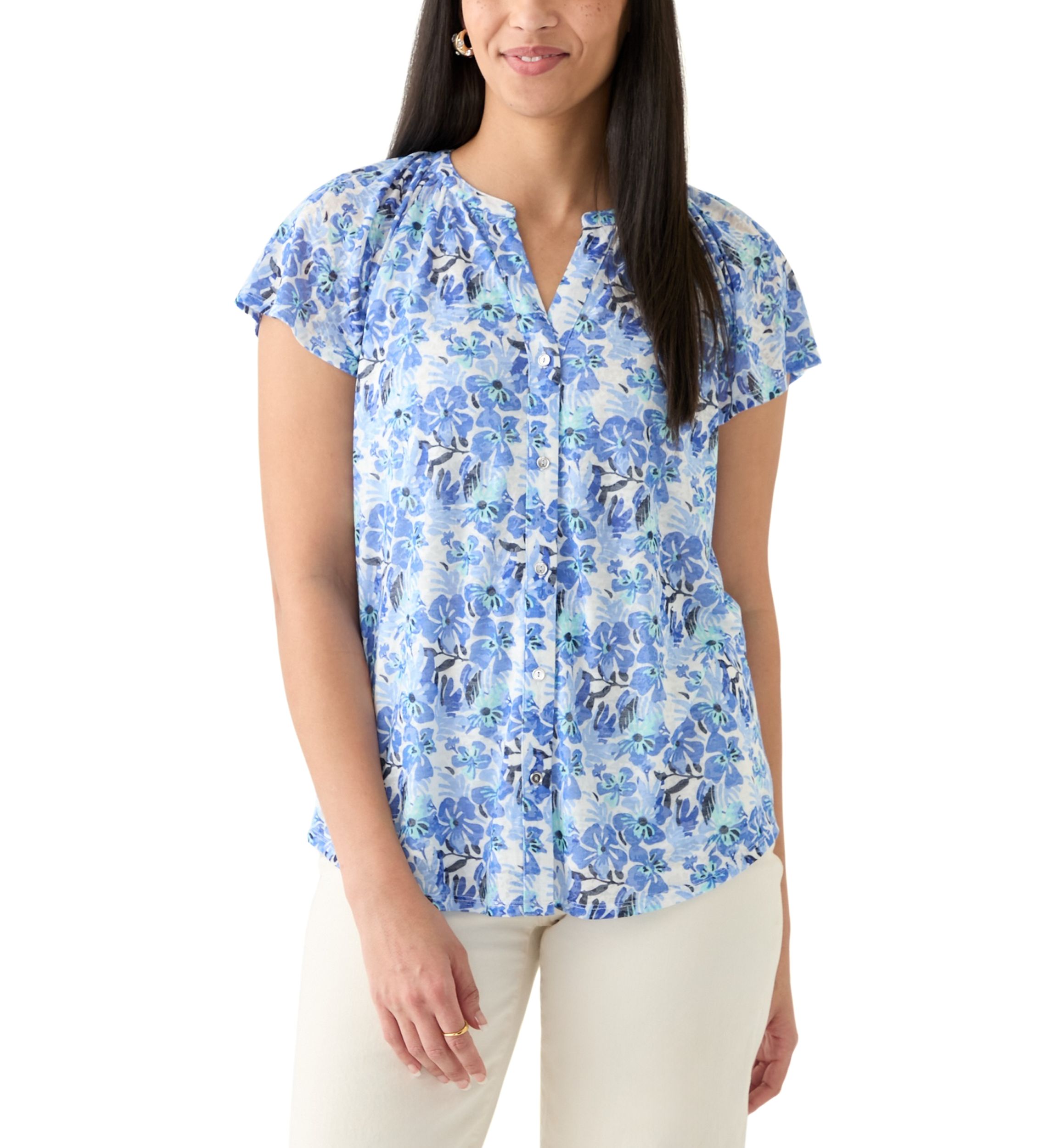Womens Short Sleeve Button Front Top