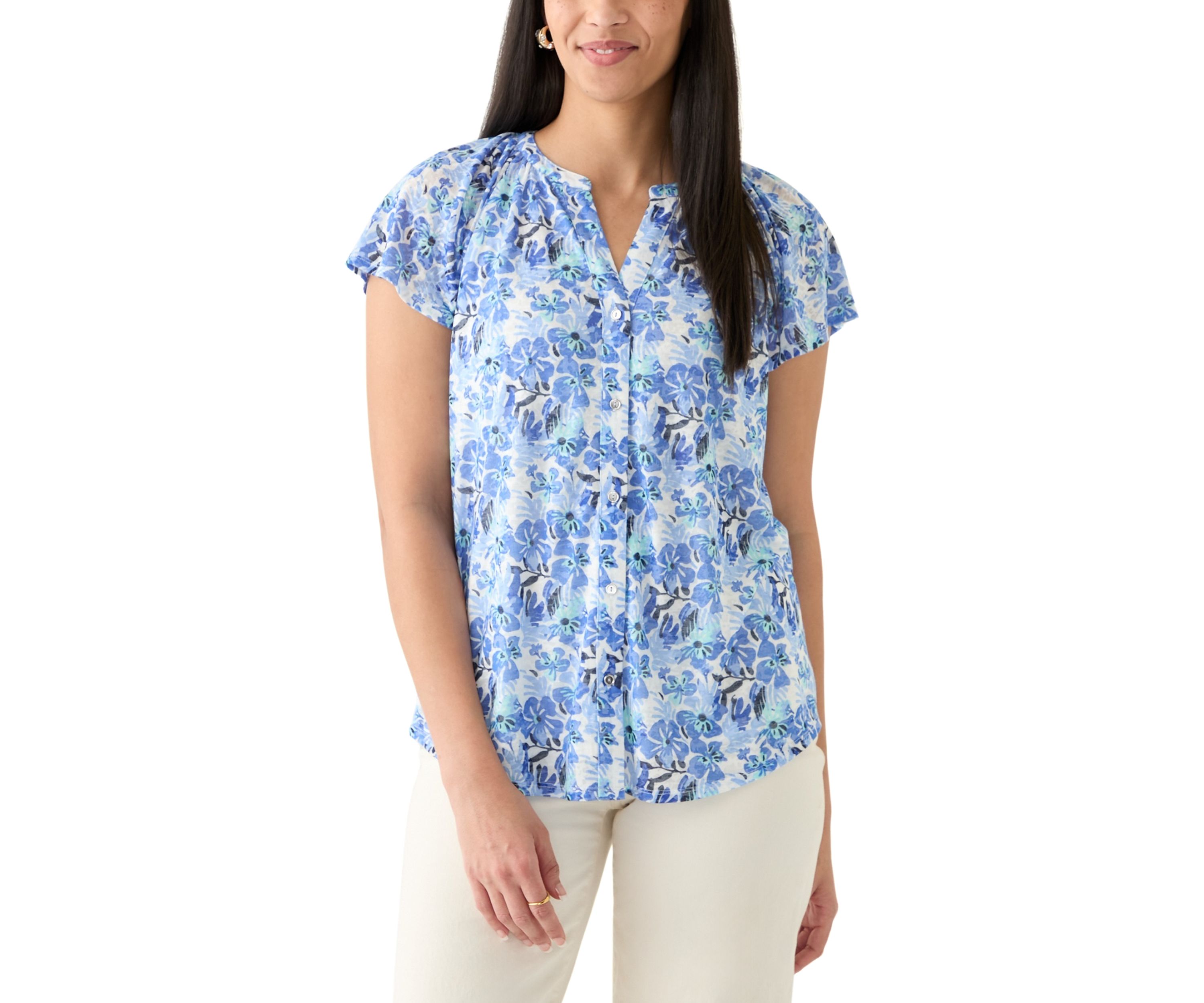Womens Short Sleeve Button Front Top