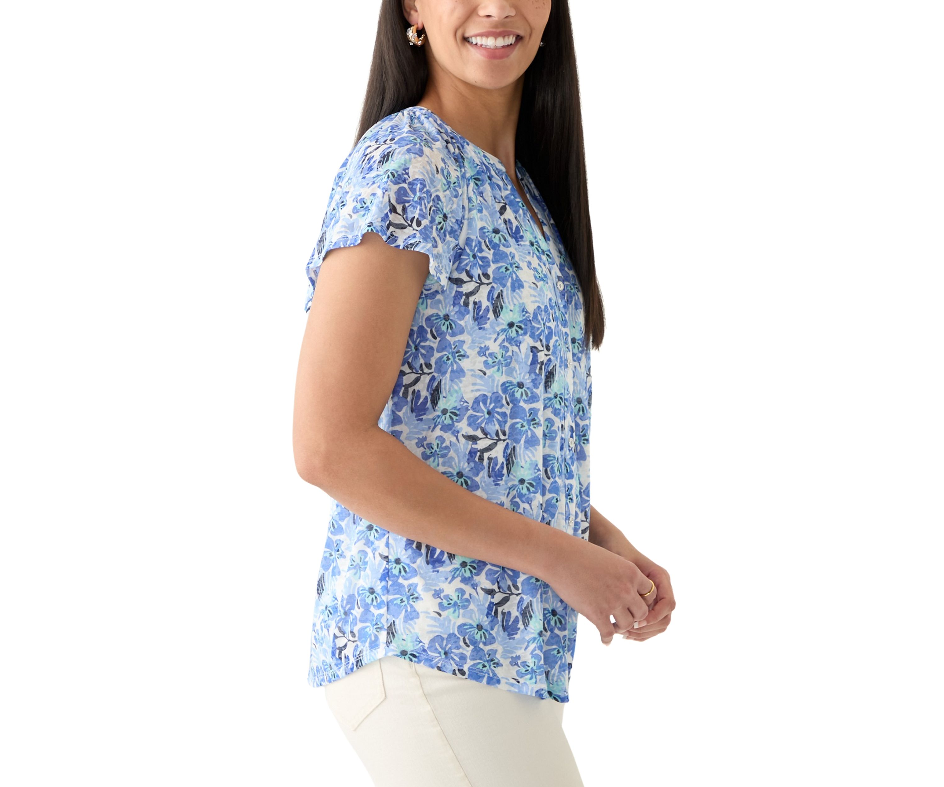 Womens Short Sleeve Button Front Top