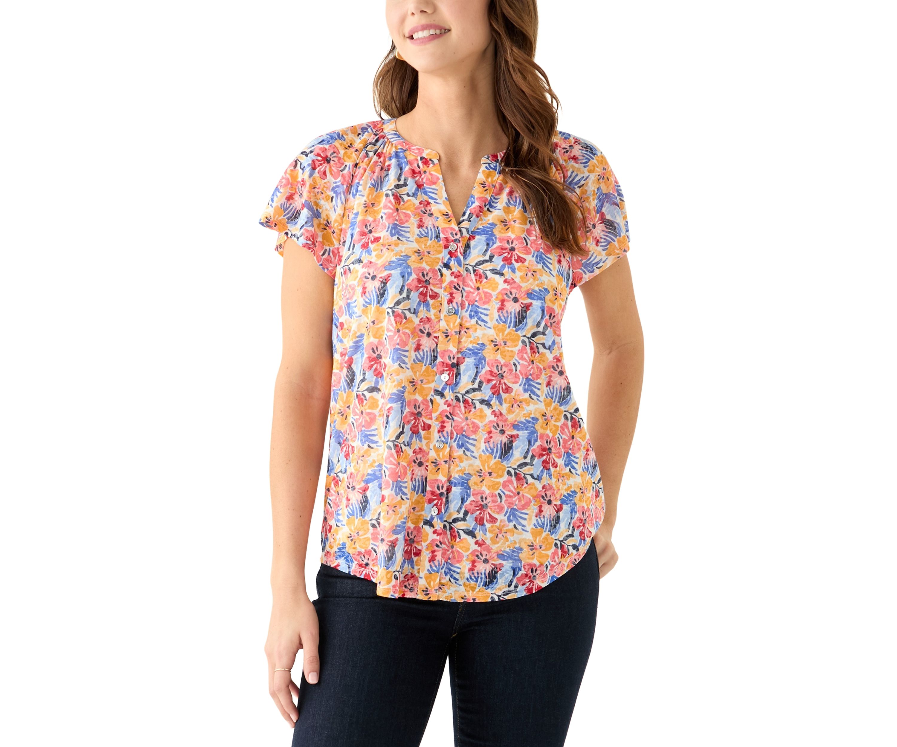 Womens Short Sleeve Button Front Top