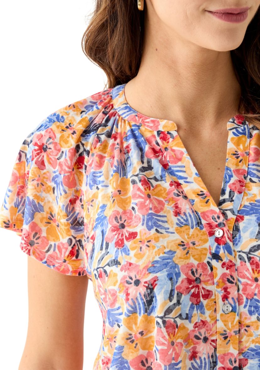 Womens Short Sleeve Button Front Top