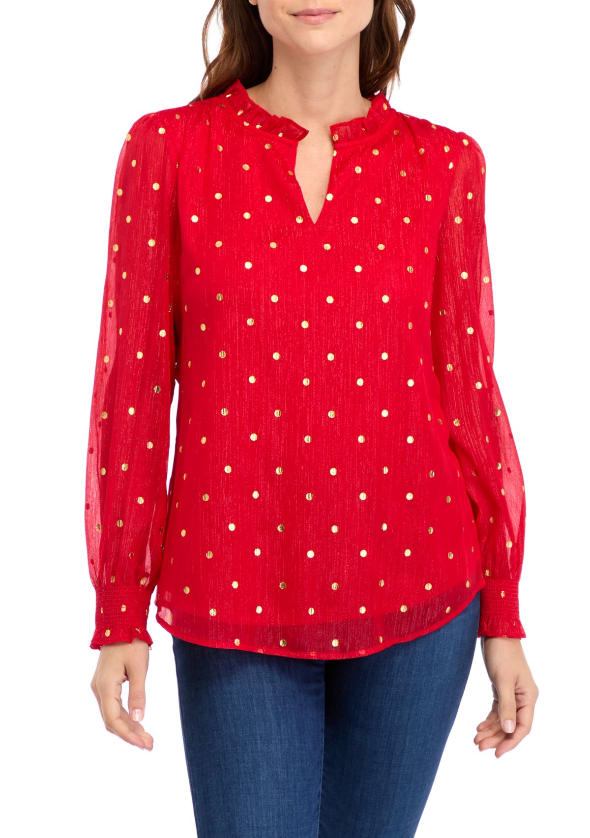 Womens Long Sleeve Ruffle Neck Top