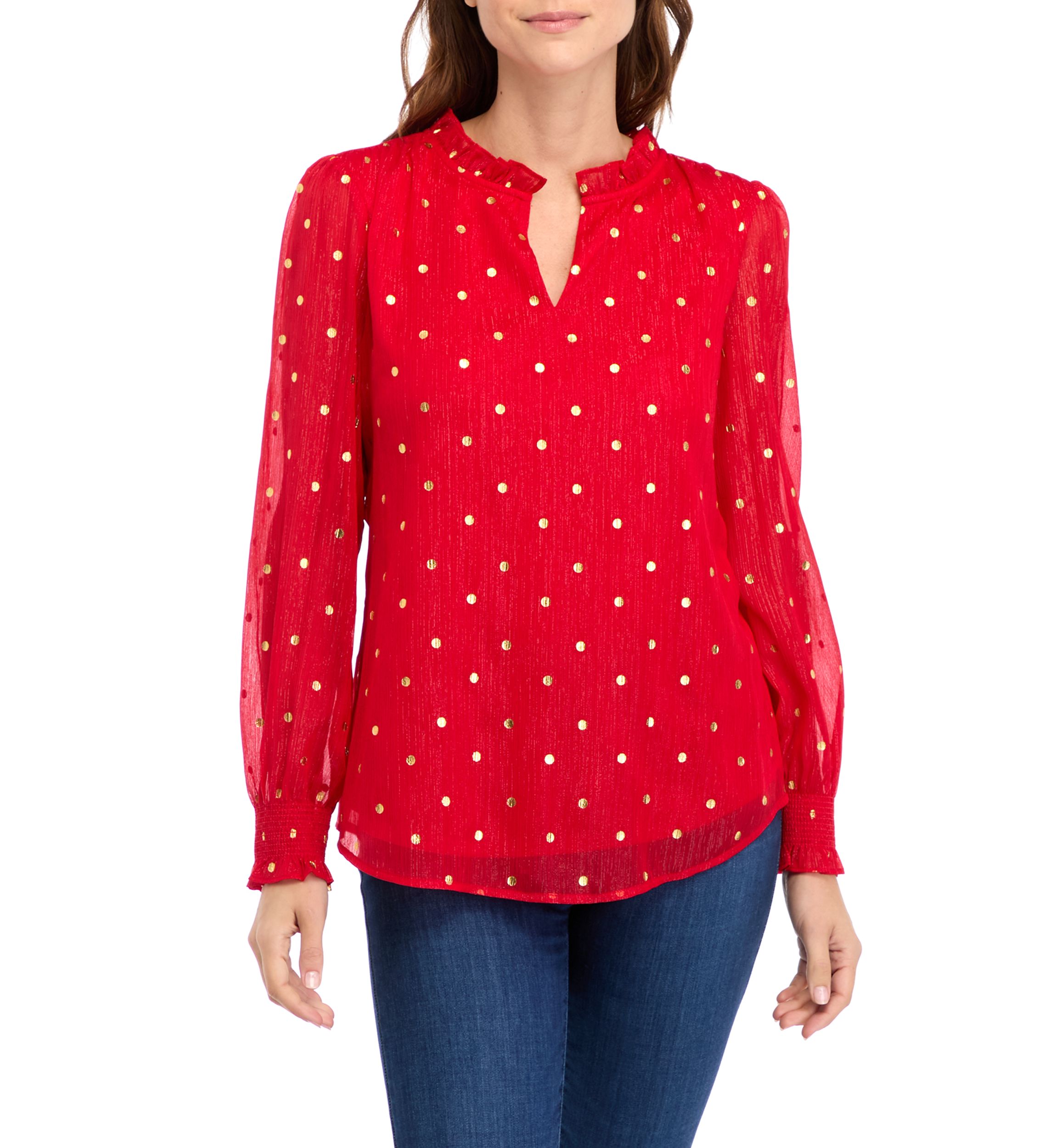 Womens Long Sleeve Ruffle Neck Top