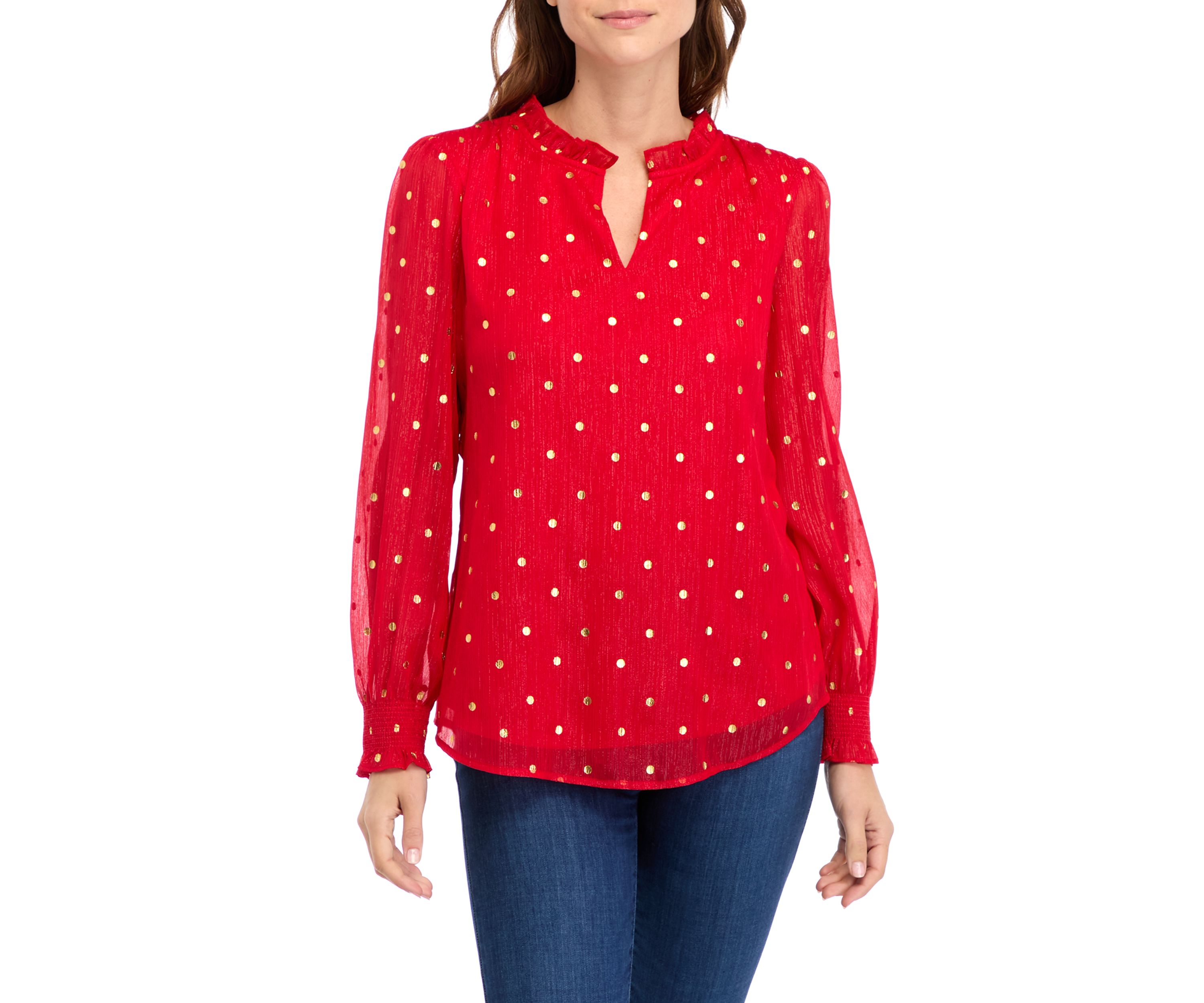Womens Long Sleeve Ruffle Neck Top