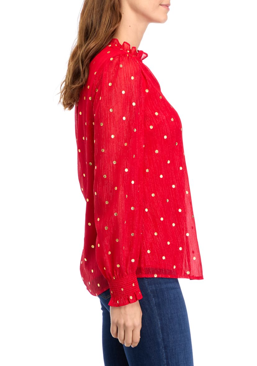 Womens Long Sleeve Ruffle Neck Top