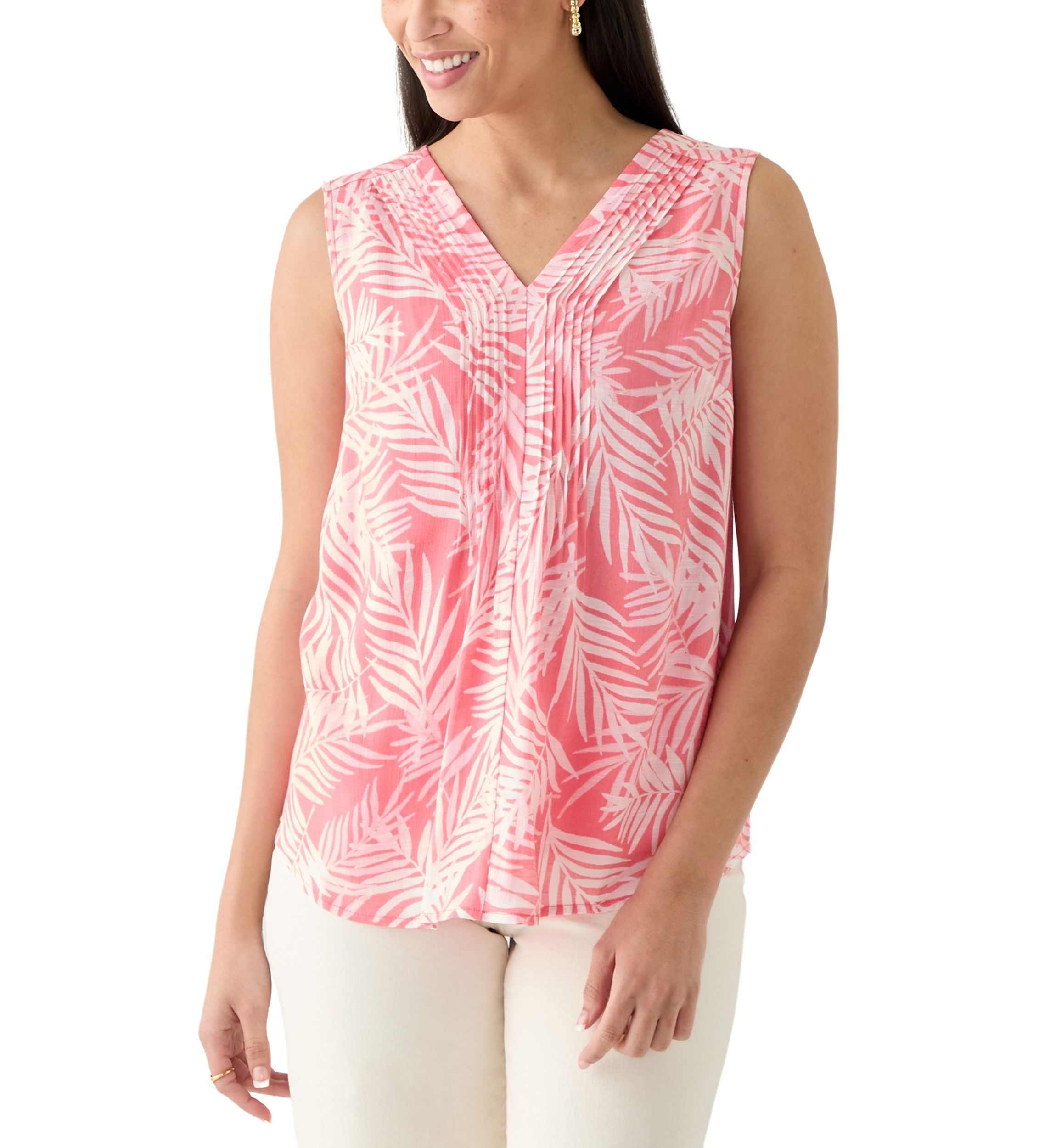 Womens V-Neck Pintuck Sleeveless Printed Top