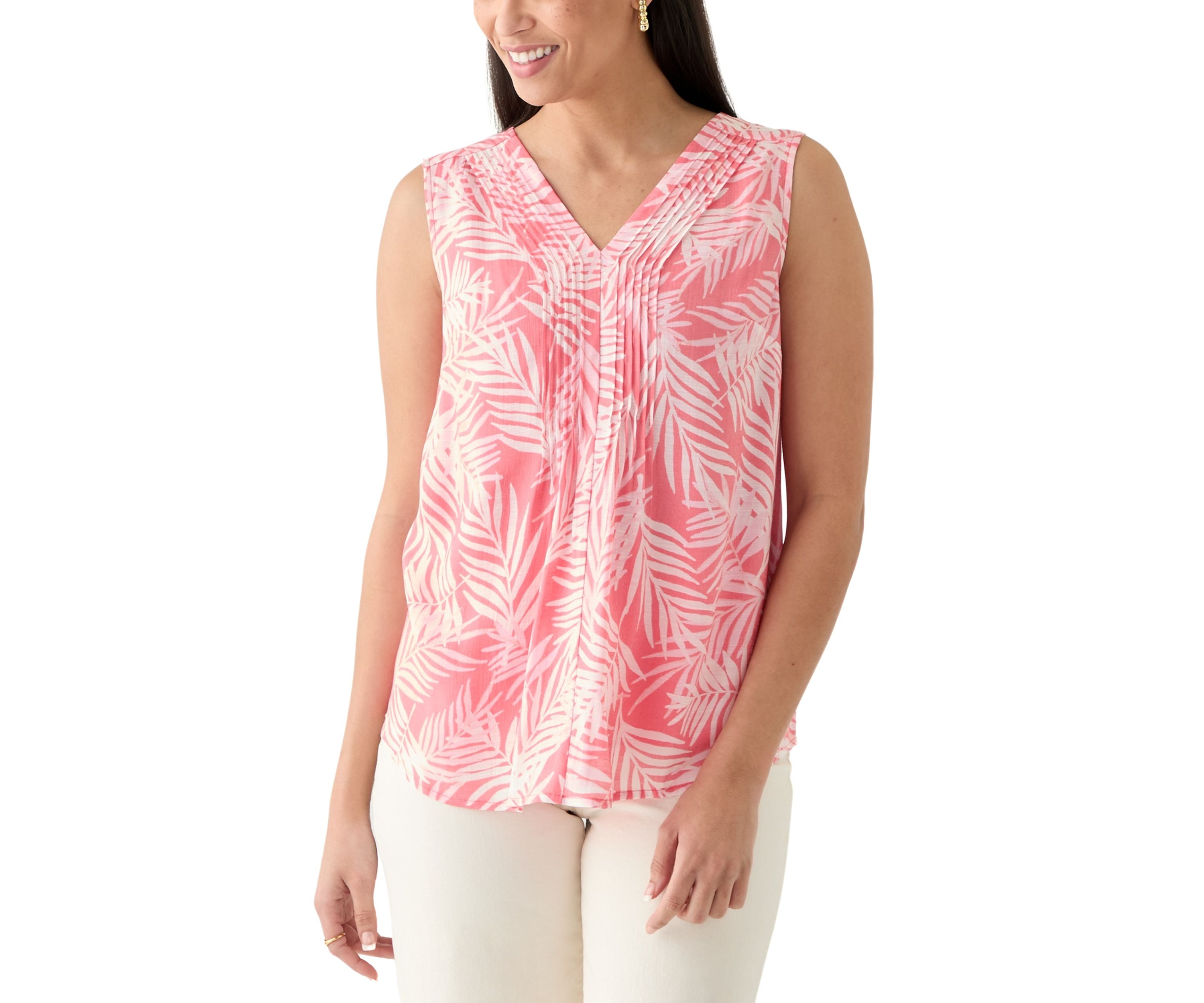 Womens V-Neck Pintuck Sleeveless Printed Top