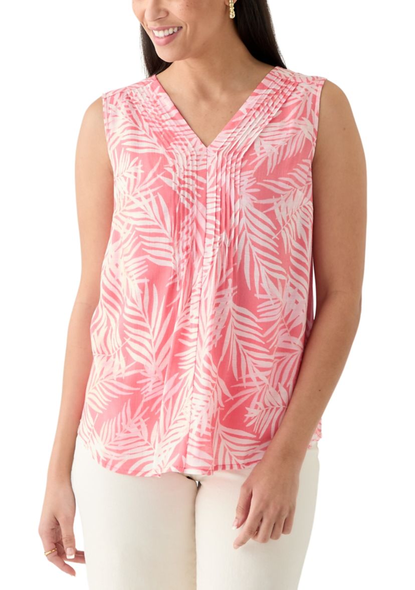 Womens V-Neck Pintuck Sleeveless Printed Top