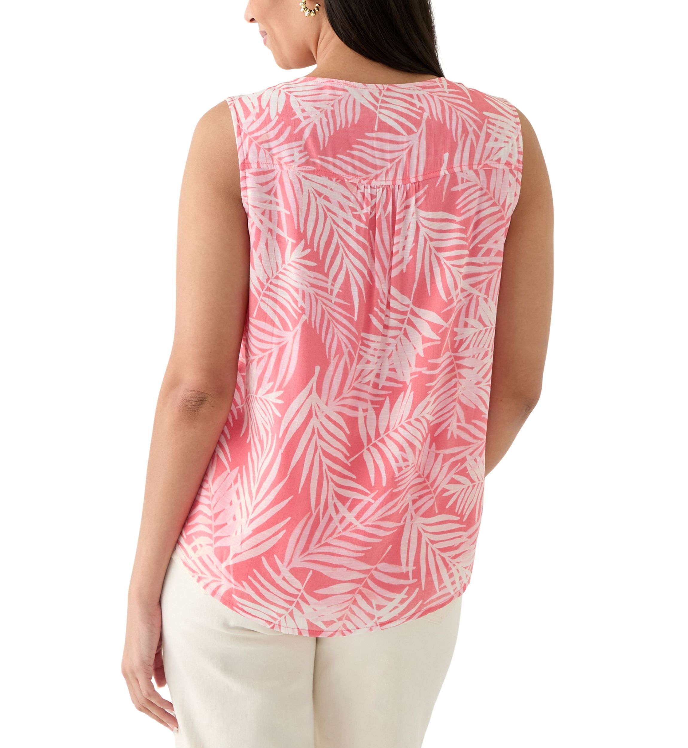 Womens V-Neck Pintuck Sleeveless Printed Top