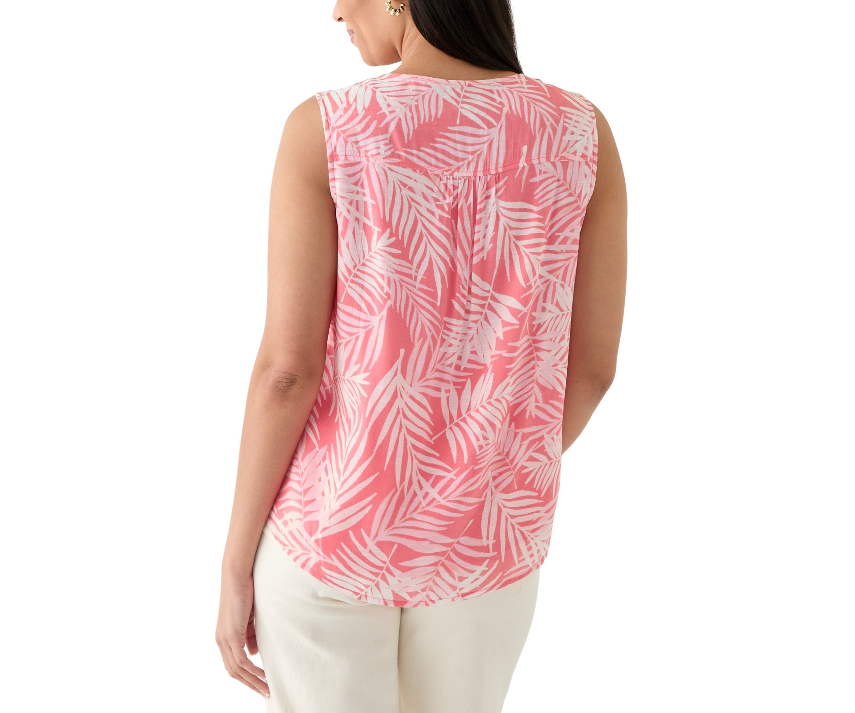 Womens V-Neck Pintuck Sleeveless Printed Top