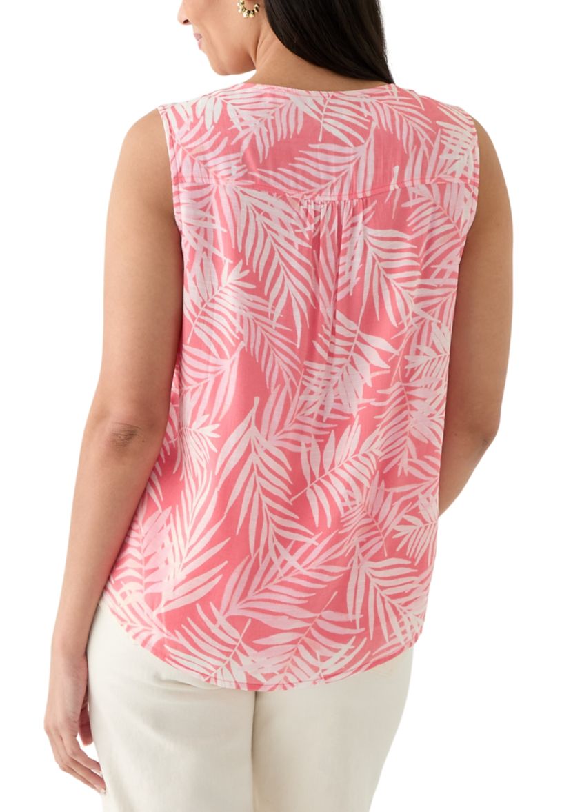Womens V-Neck Pintuck Sleeveless Printed Top