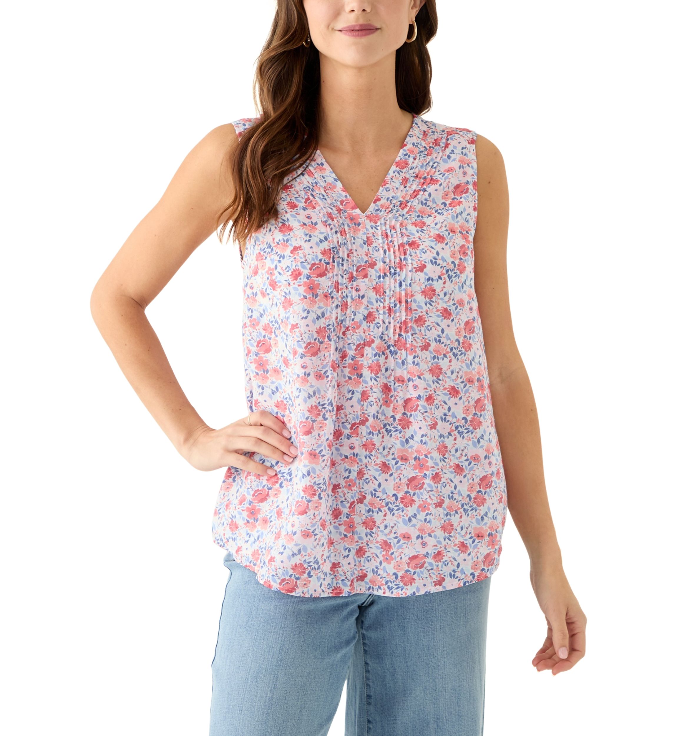 Womens V-Neck Pintuck Sleeveless Printed Top