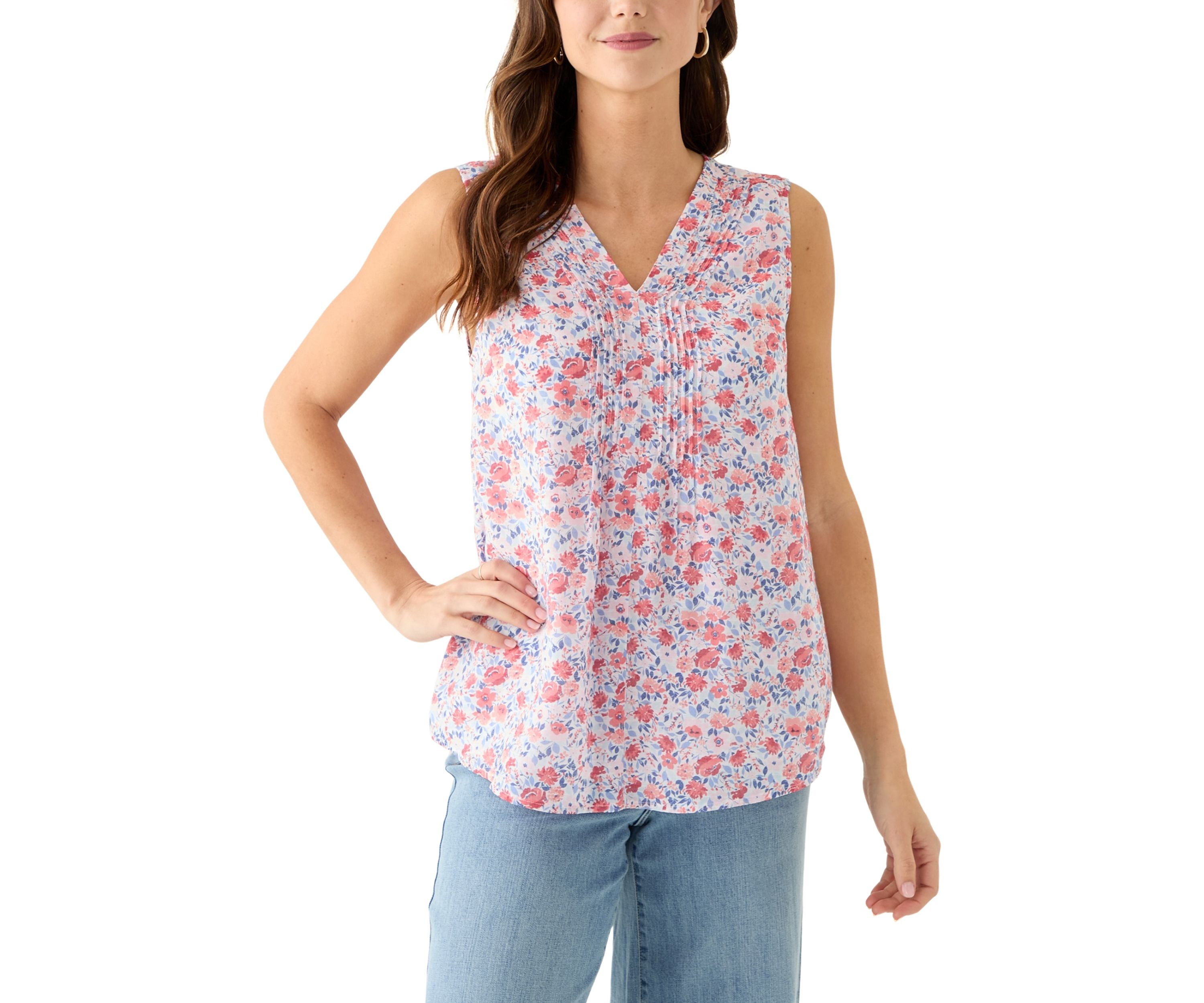 Womens V-Neck Pintuck Sleeveless Printed Top