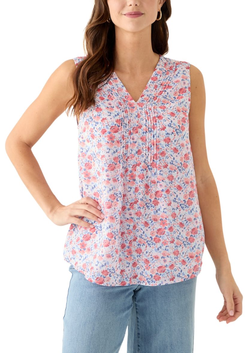 Womens V-Neck Pintuck Sleeveless Printed Top