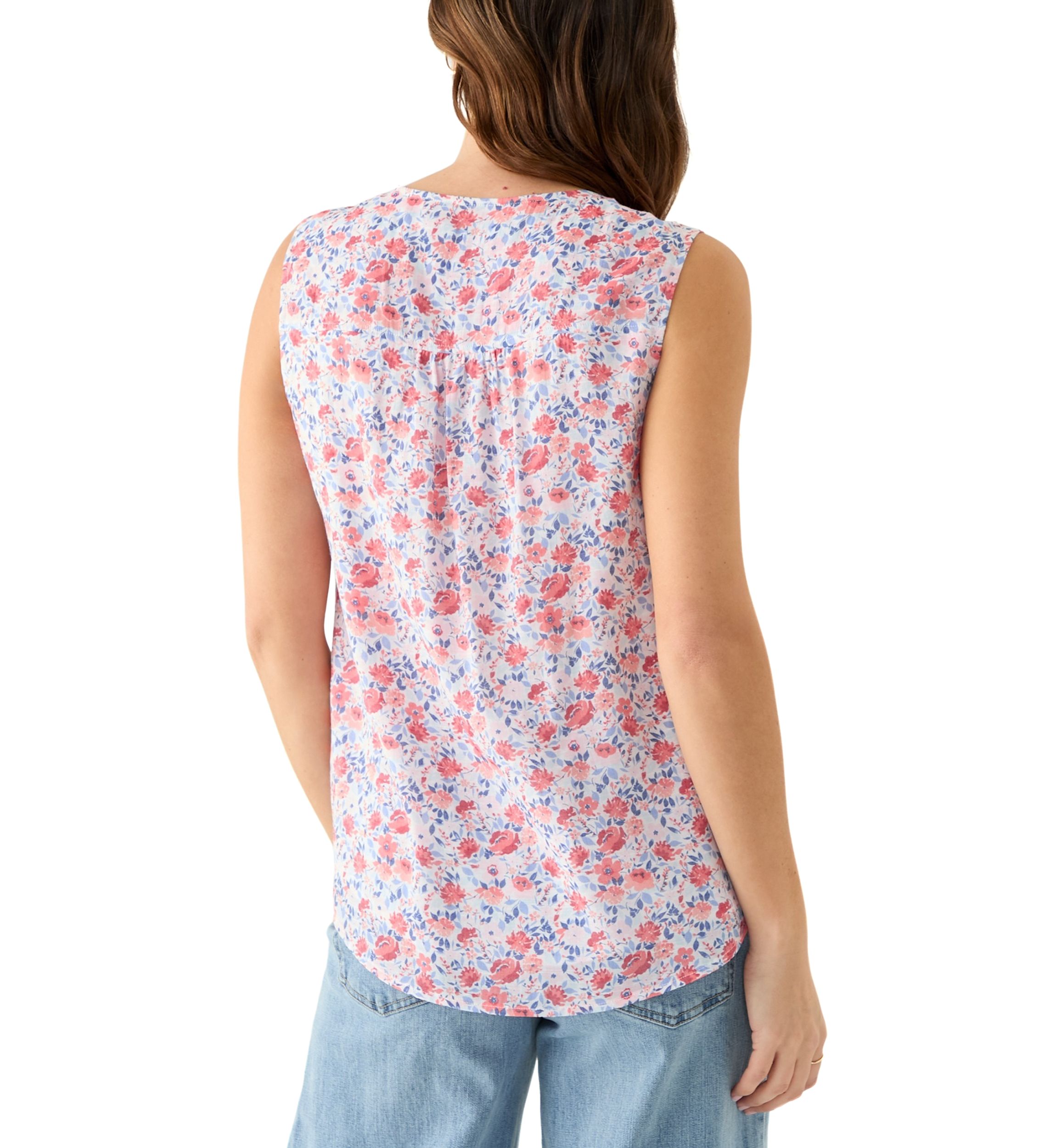 Womens V-Neck Pintuck Sleeveless Printed Top