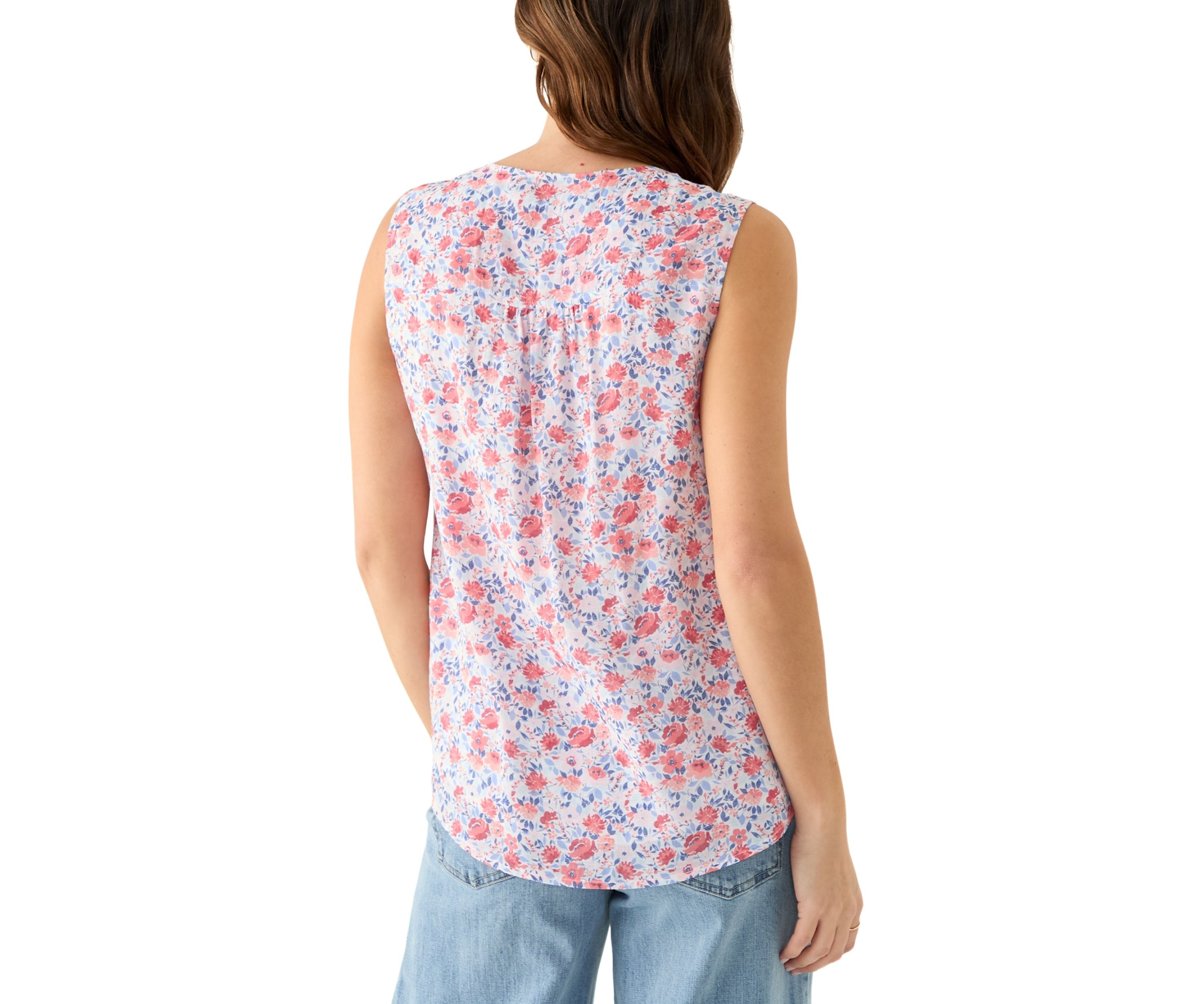 Womens V-Neck Pintuck Sleeveless Printed Top