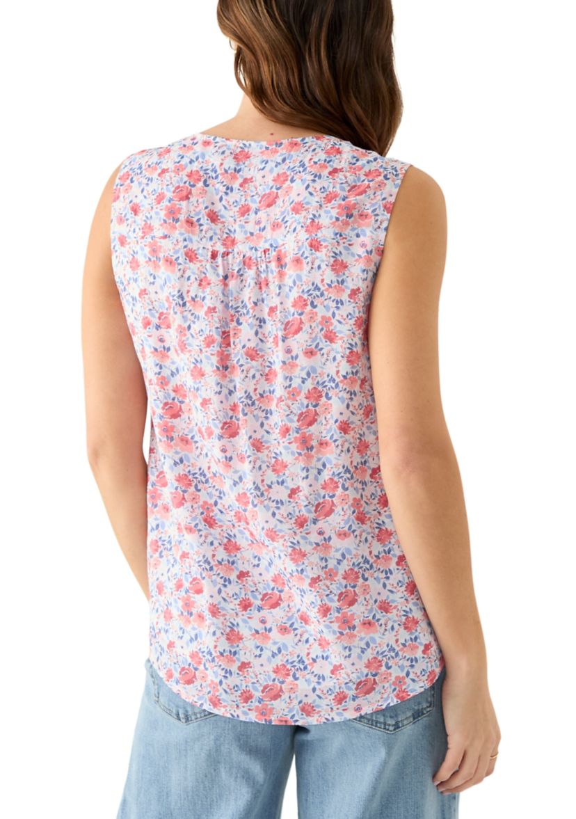 Womens V-Neck Pintuck Sleeveless Printed Top