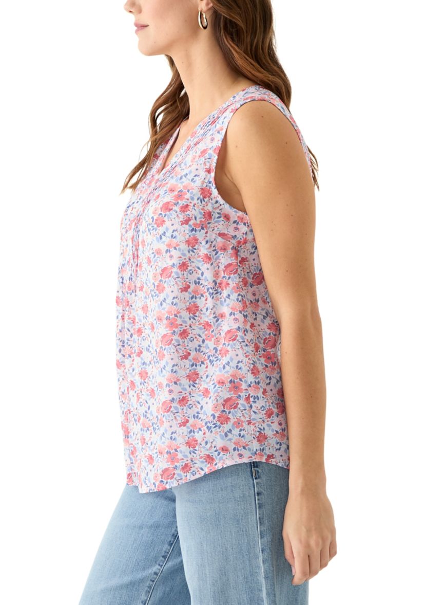 Womens V-Neck Pintuck Sleeveless Printed Top