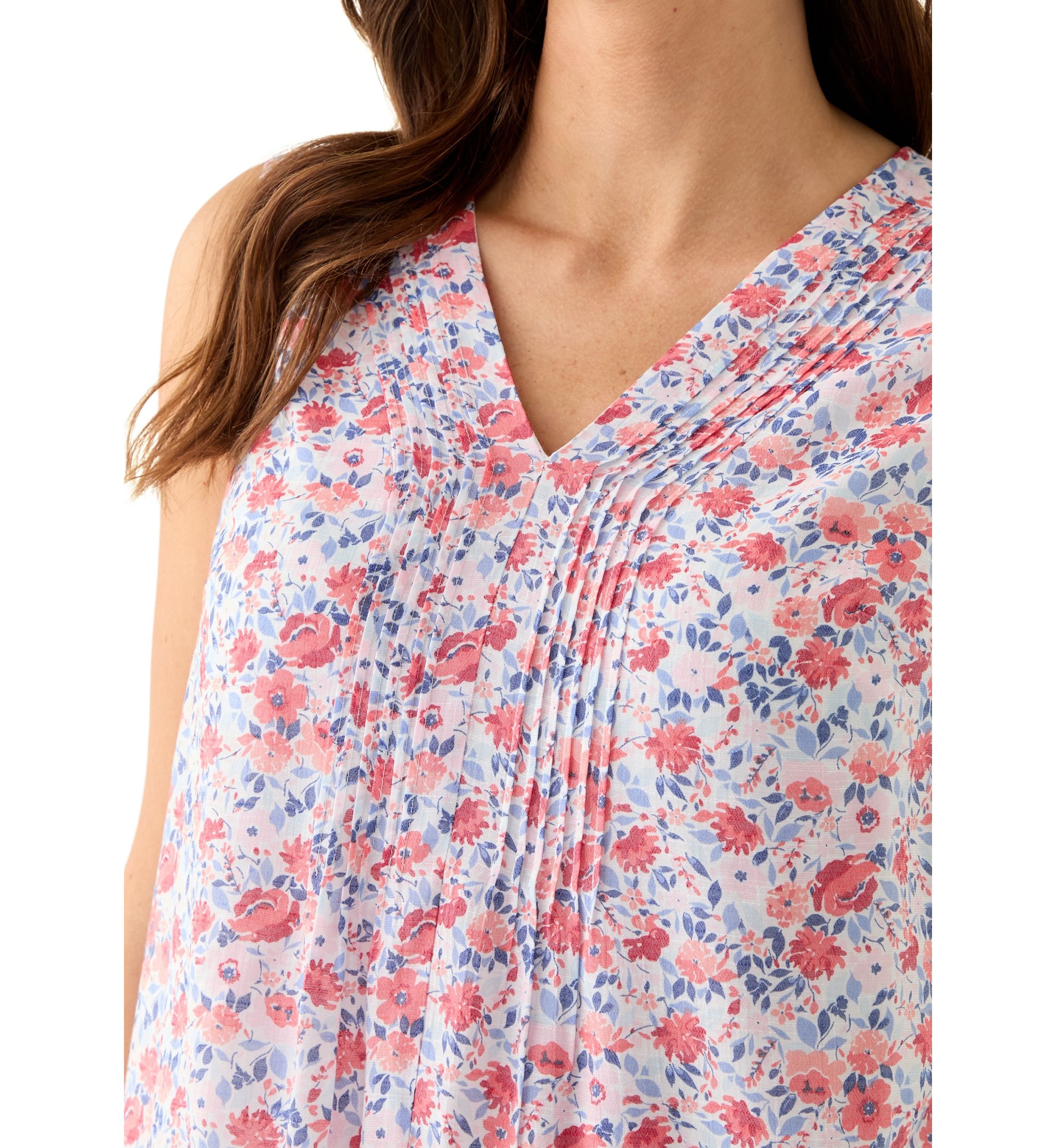 Womens V-Neck Pintuck Sleeveless Printed Top