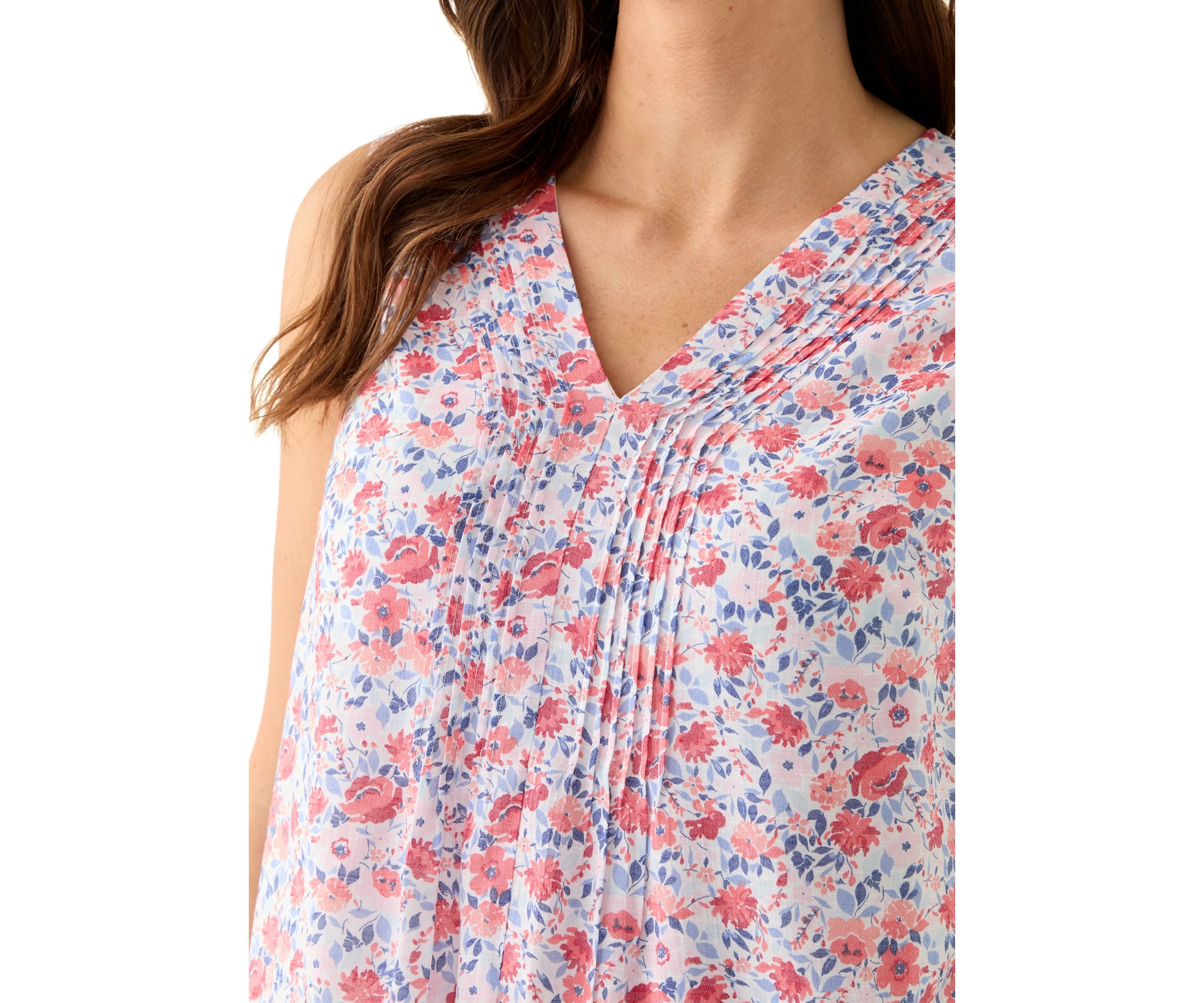 Womens V-Neck Pintuck Sleeveless Printed Top