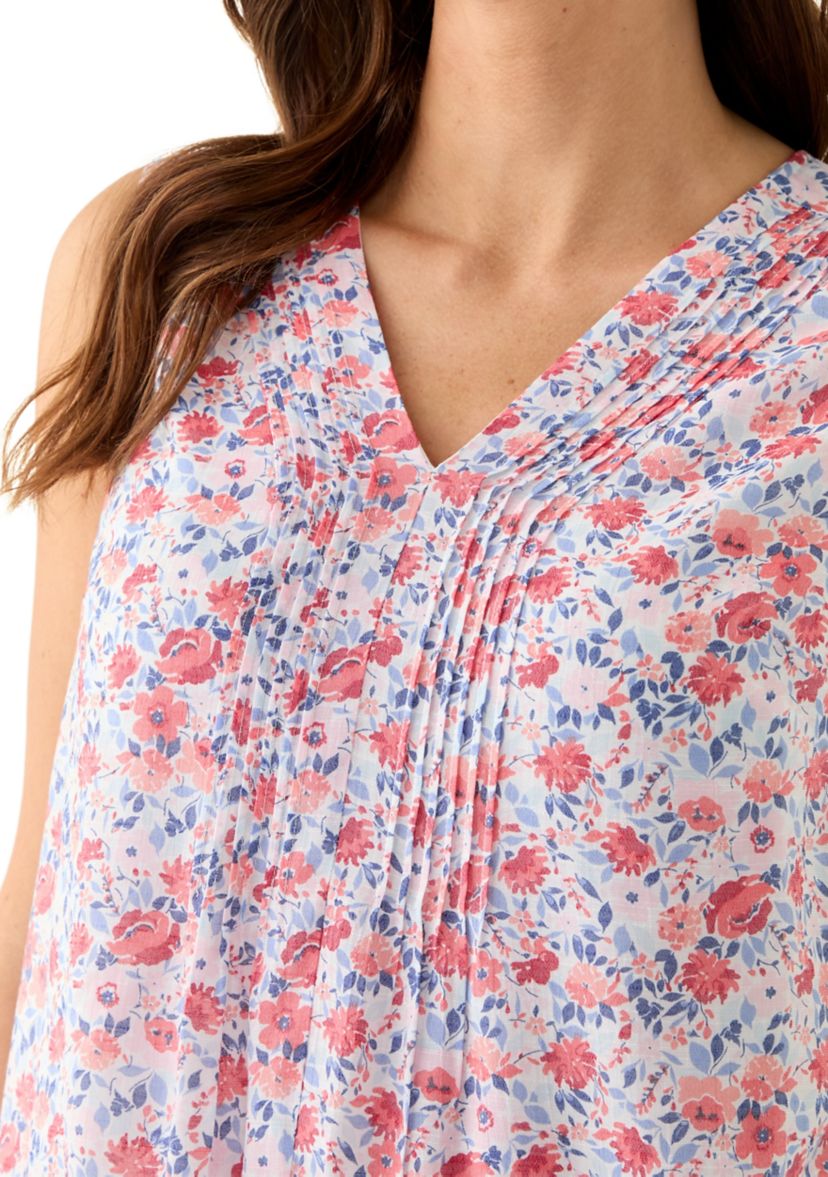 Womens V-Neck Pintuck Sleeveless Printed Top