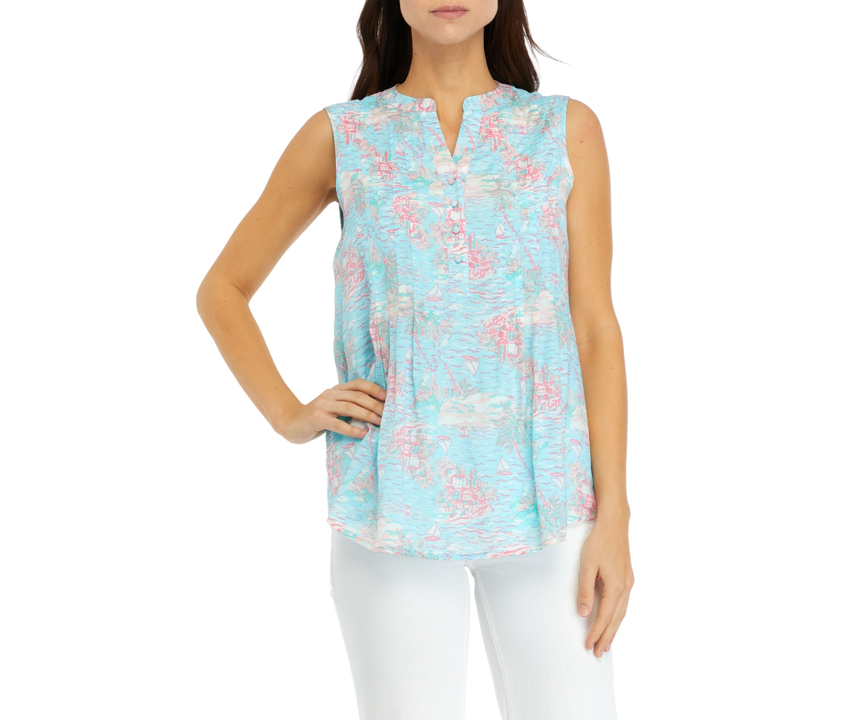 Womens Sleeveless Printed Henley Shirt