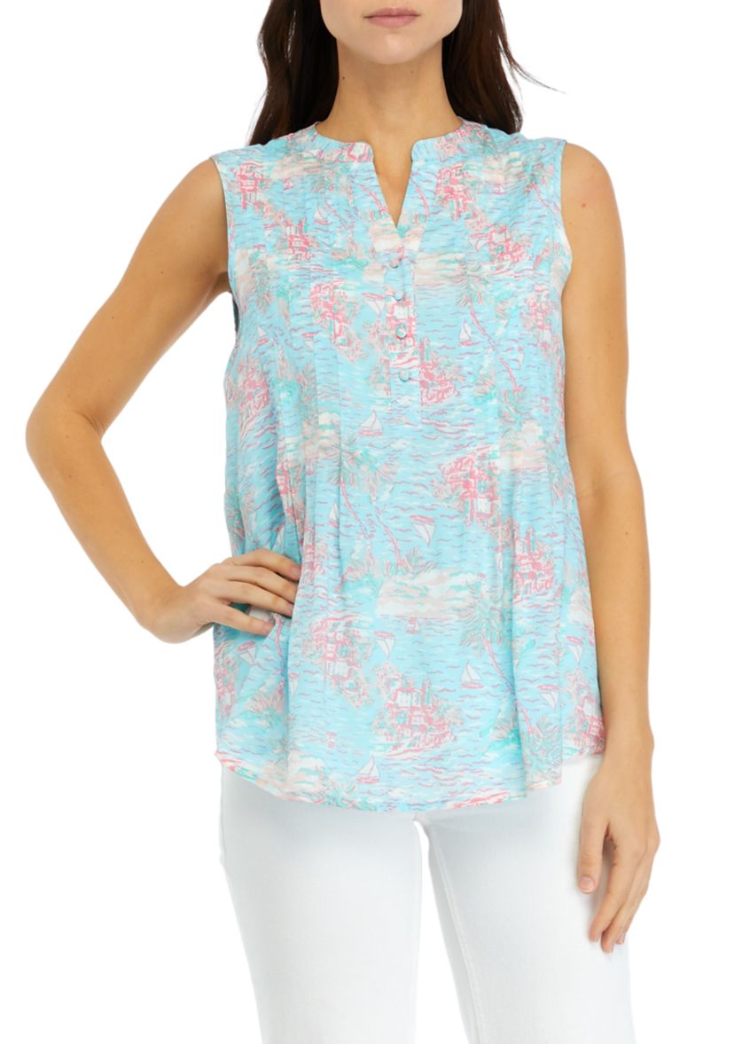 Womens Sleeveless Printed Henley Shirt