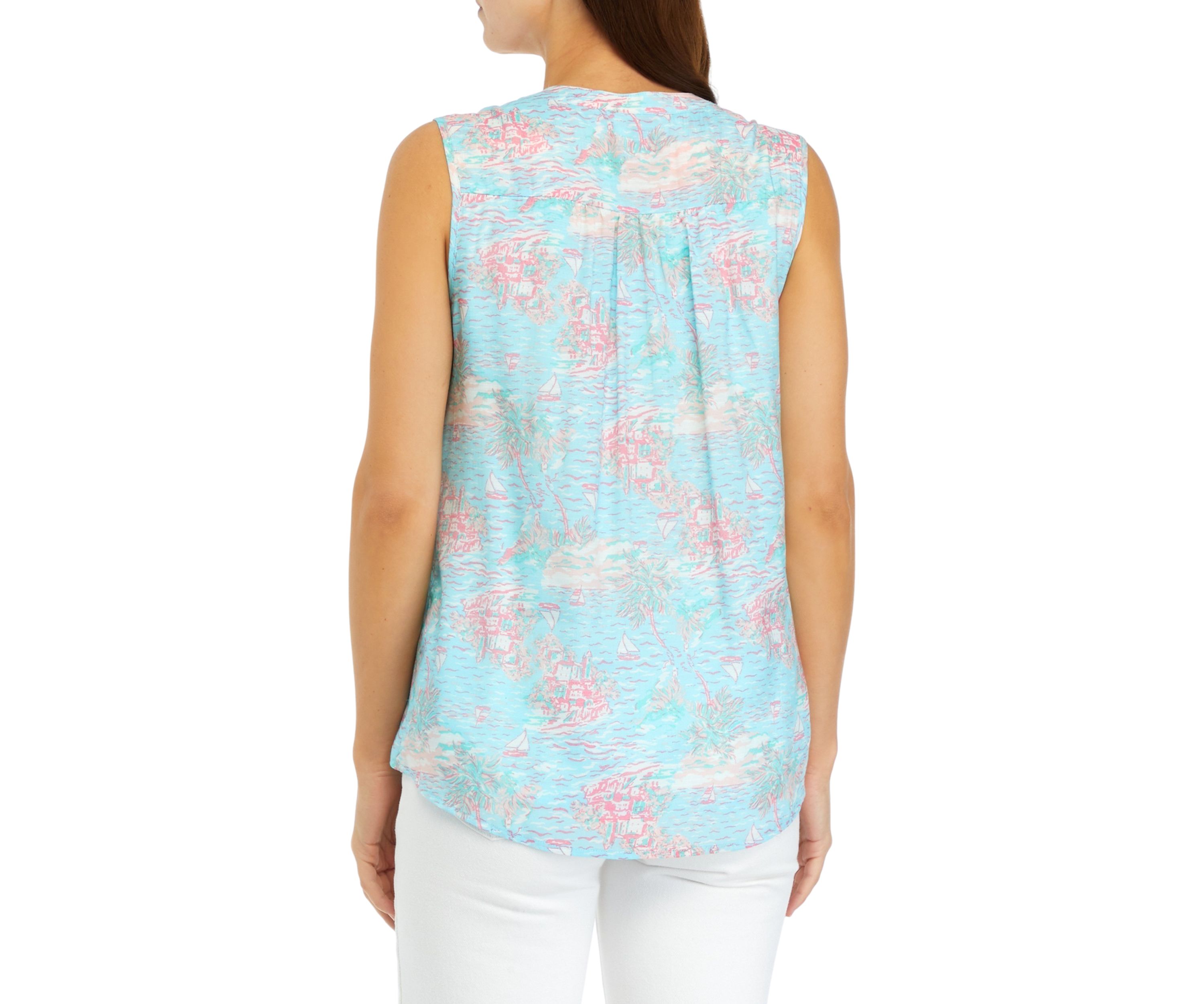 Womens Sleeveless Printed Henley Shirt
