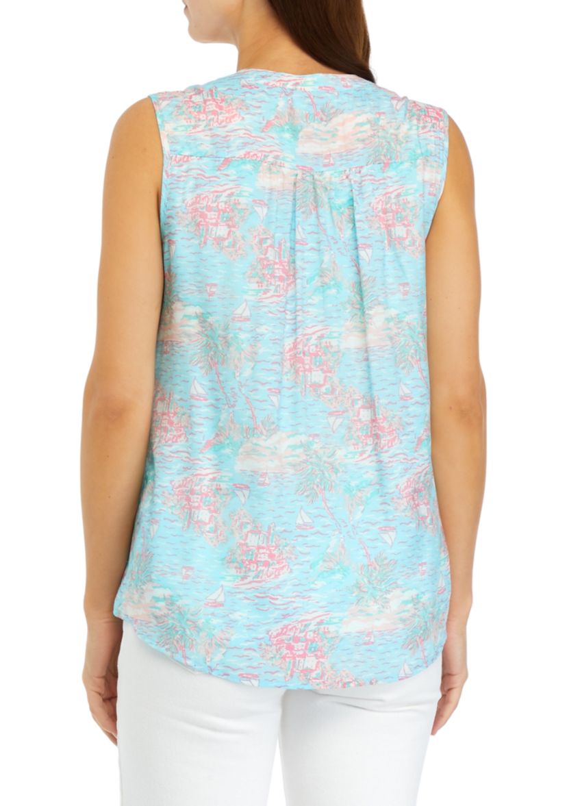 Womens Sleeveless Printed Henley Shirt
