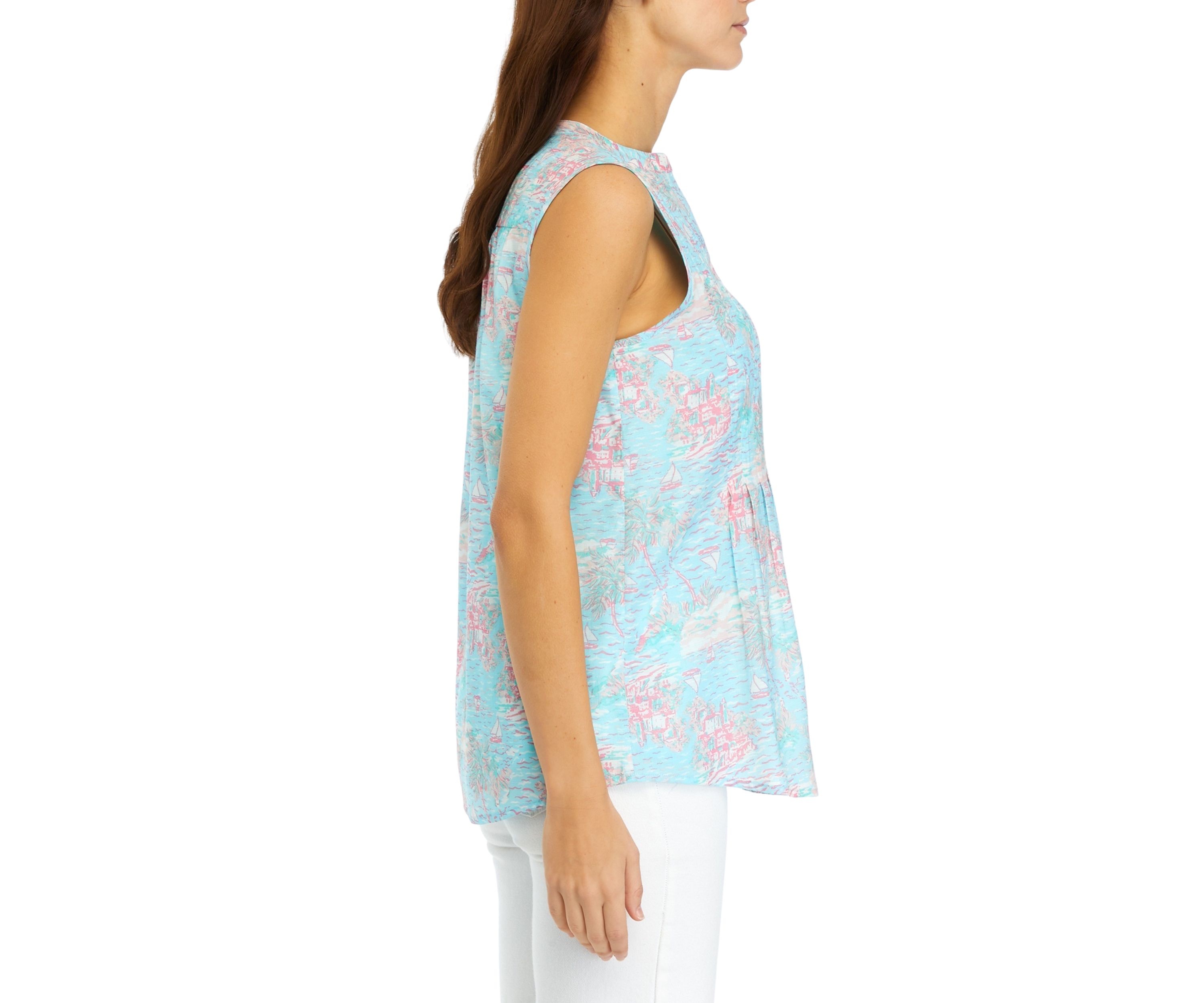 Womens Sleeveless Printed Henley Shirt
