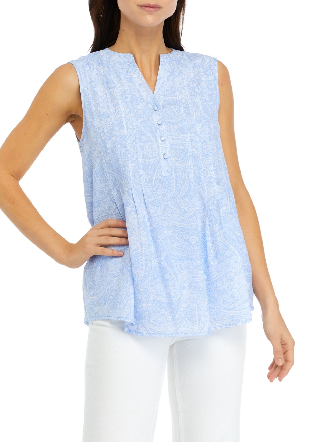 Womens Sleeveless Printed Henley Top