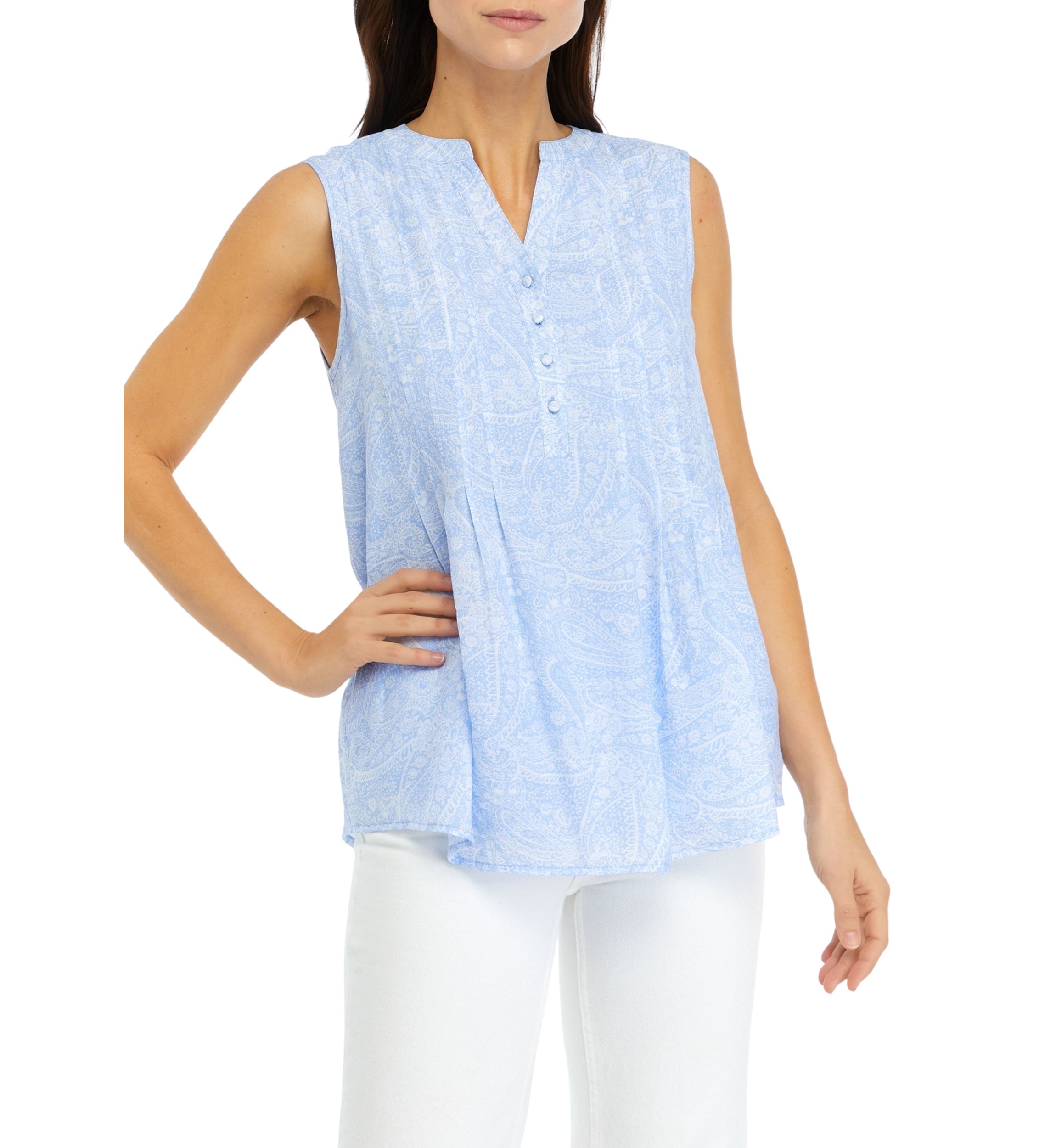 Womens Sleeveless Printed Henley Top