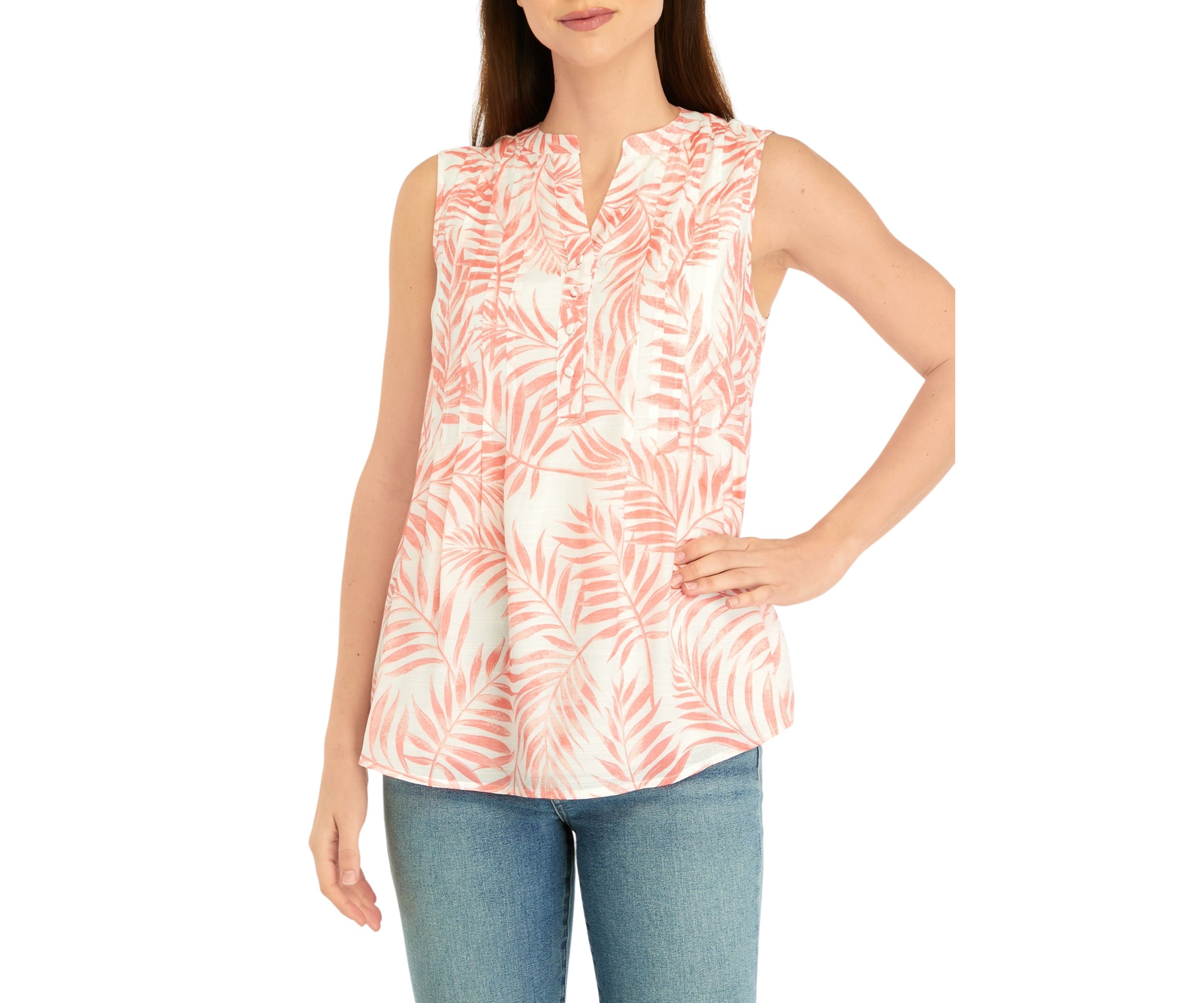 Womens Sleeveless Printed Henley Shirt