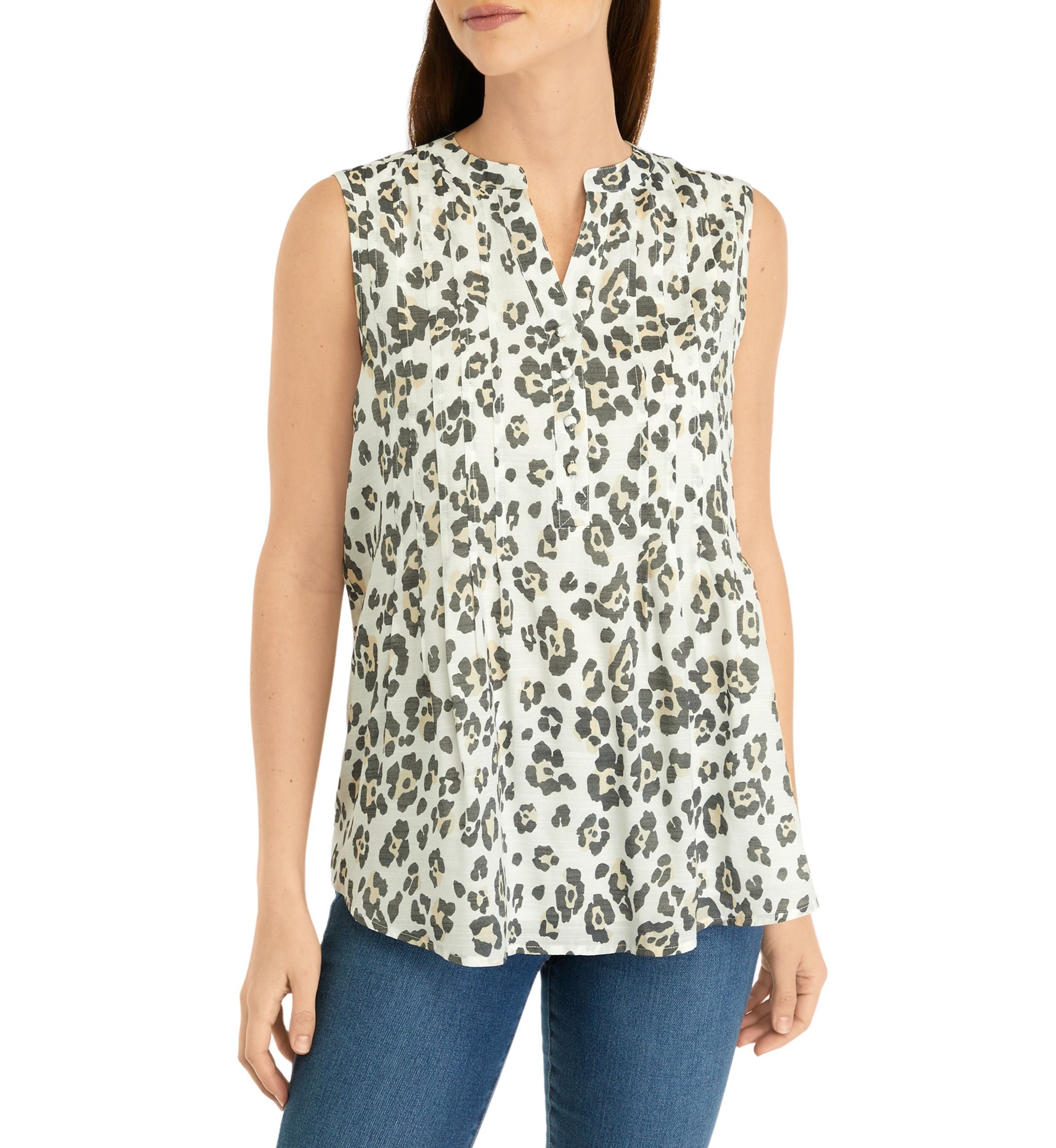 Womens Sleeveless Printed Henley Top