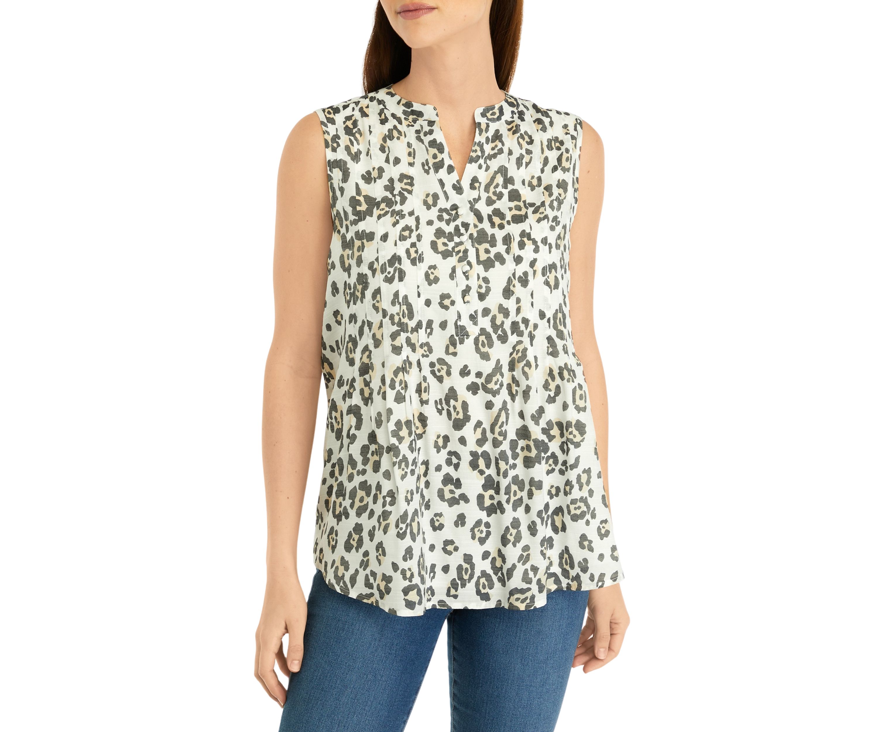 Womens Sleeveless Printed Henley Top
