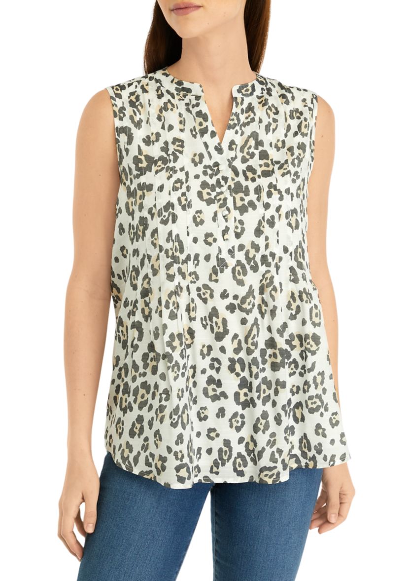 Womens Sleeveless Printed Henley Top