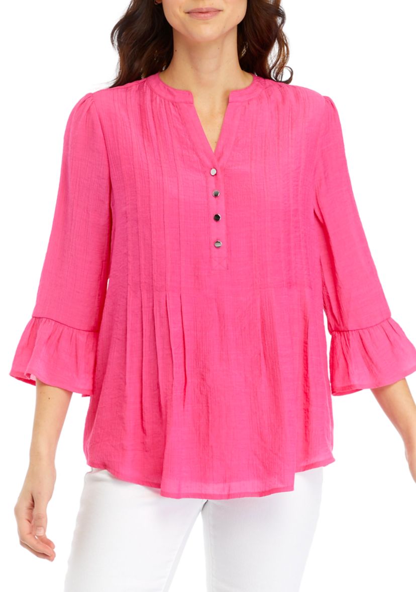 Womens Linen Like Woven Bell Sleeve Henley Top