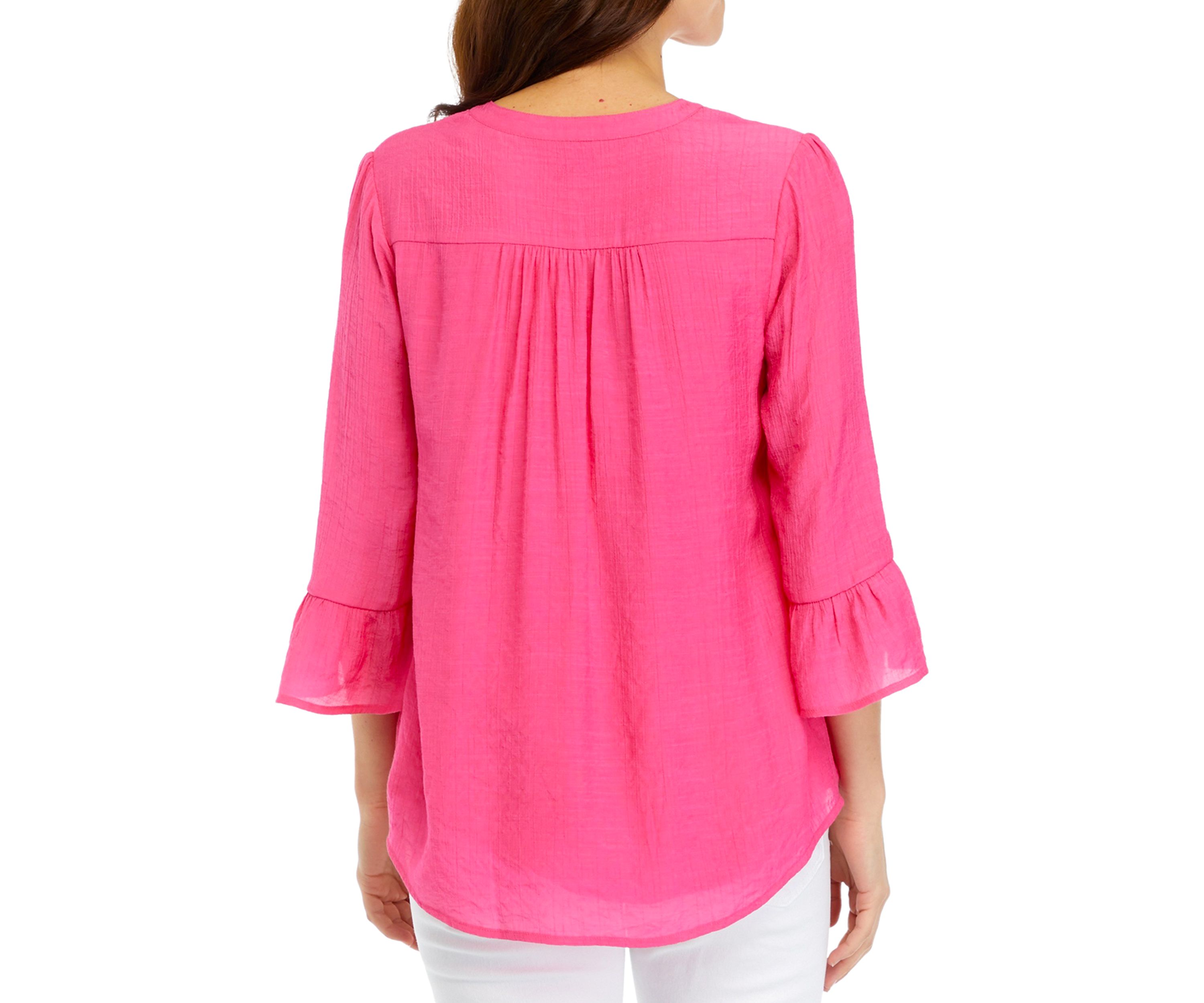 Womens Linen Like Woven Bell Sleeve Henley Top