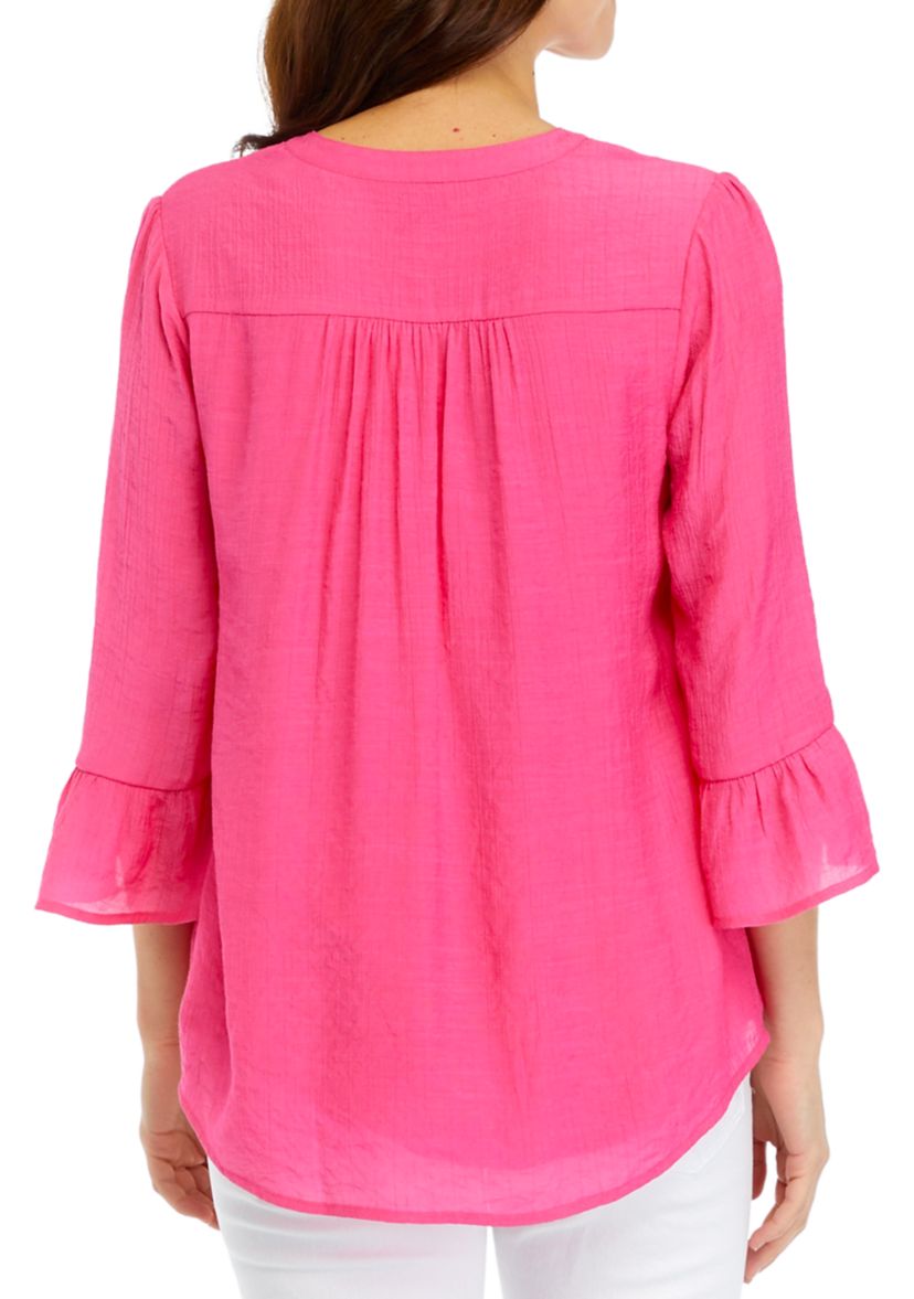 Womens Linen Like Woven Bell Sleeve Henley Top