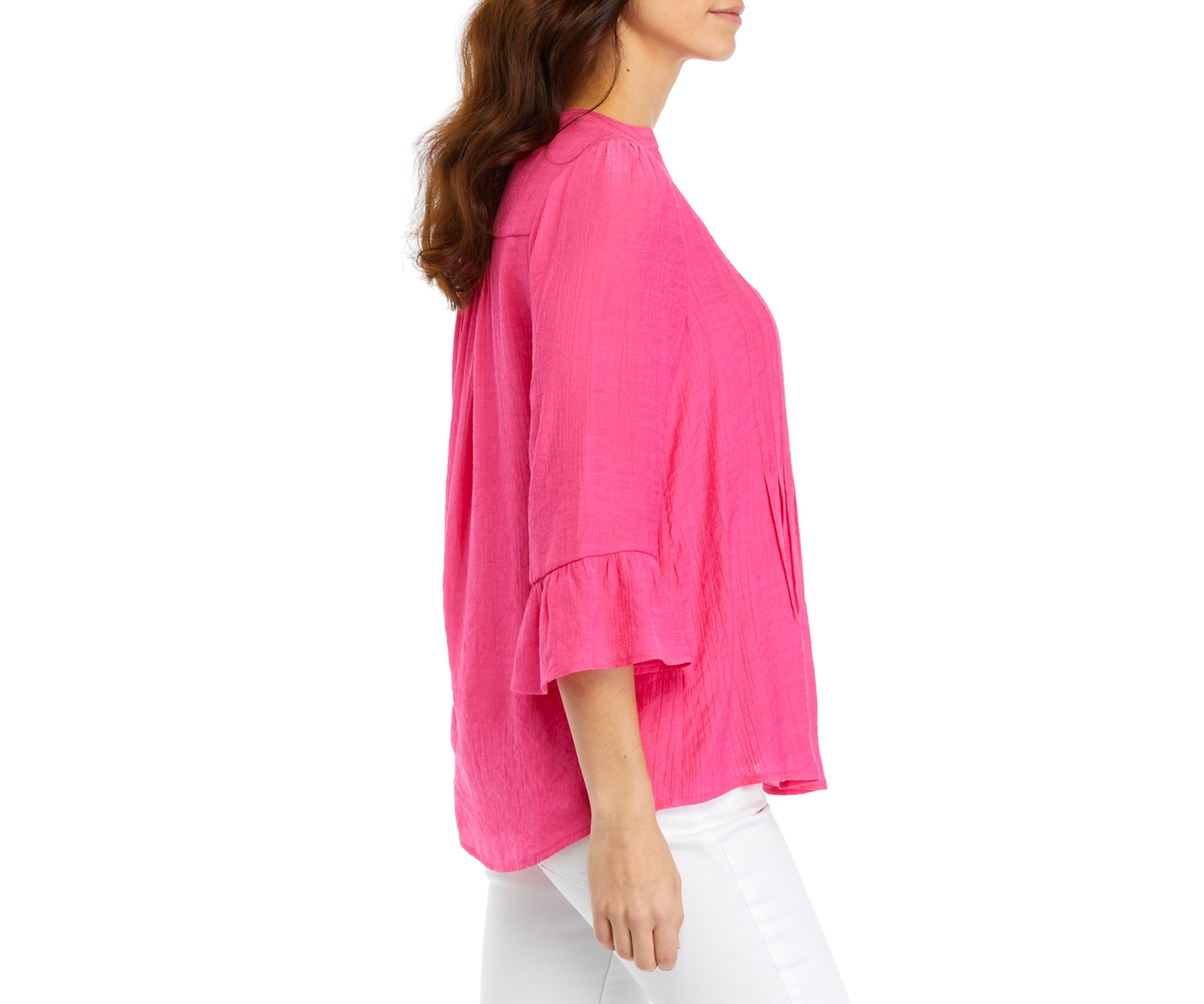 Womens Linen Like Woven Bell Sleeve Henley Top