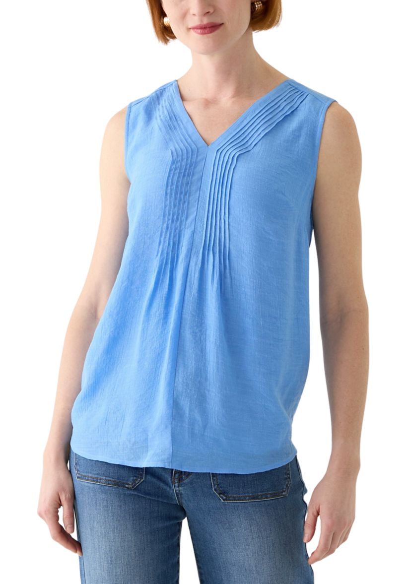 Womens V-Neck Pintuck Sleeveless Top