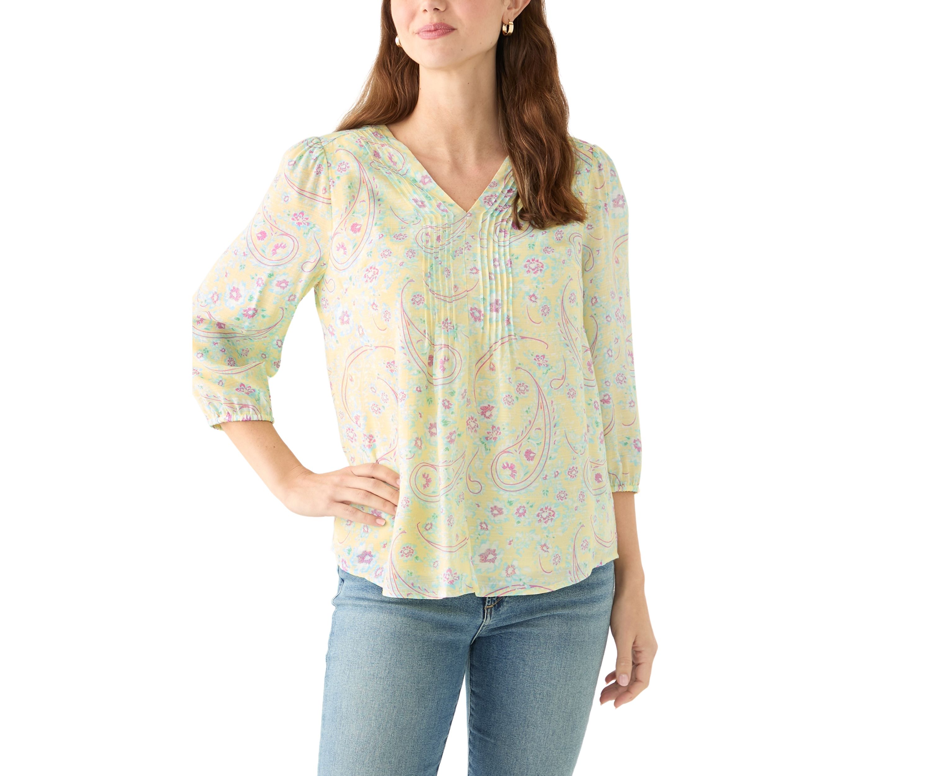 Womens 3/4 Sleeve V-Neck Woven Top